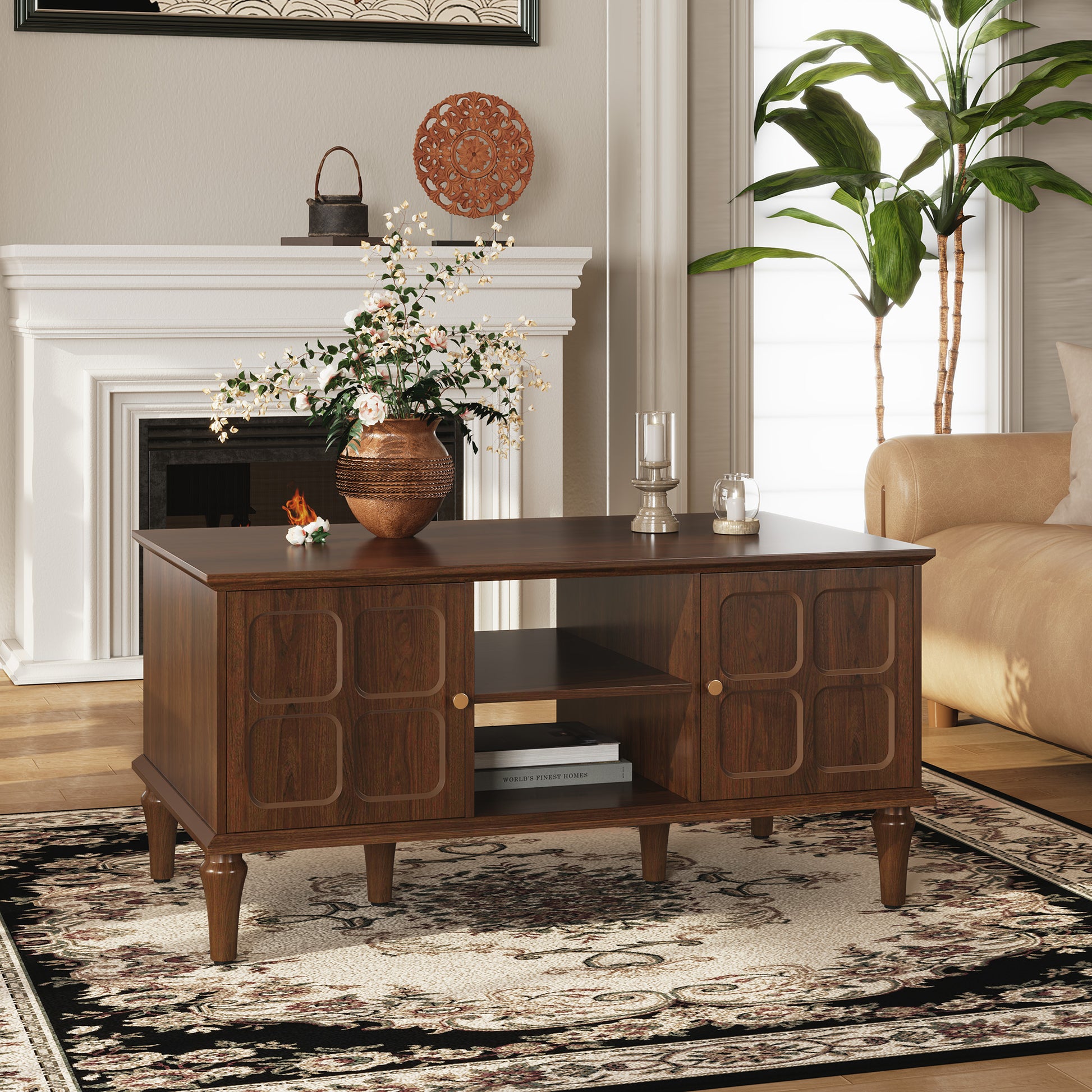 CBJCBJ Mid-Century Coffee Table,Living Room Center Table with 4-Door Storage and Open Storage, Brown