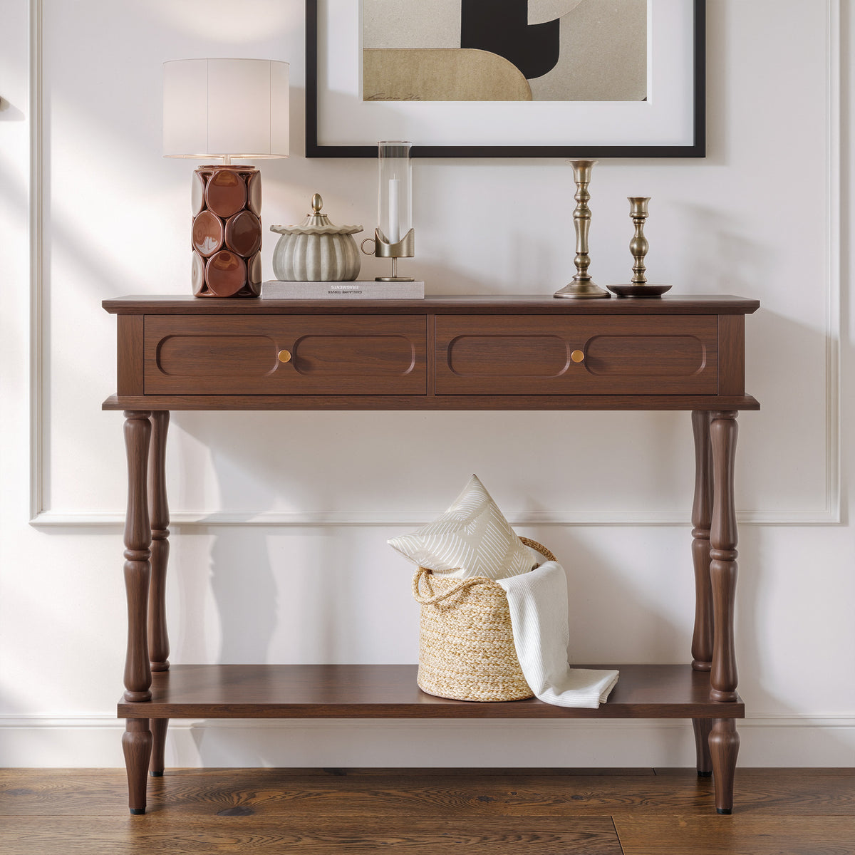 CBJCBJ Minimal Assembly Console Table, Entryway Table with 2 Drawers and Open Shelf, for Living Room, Brown