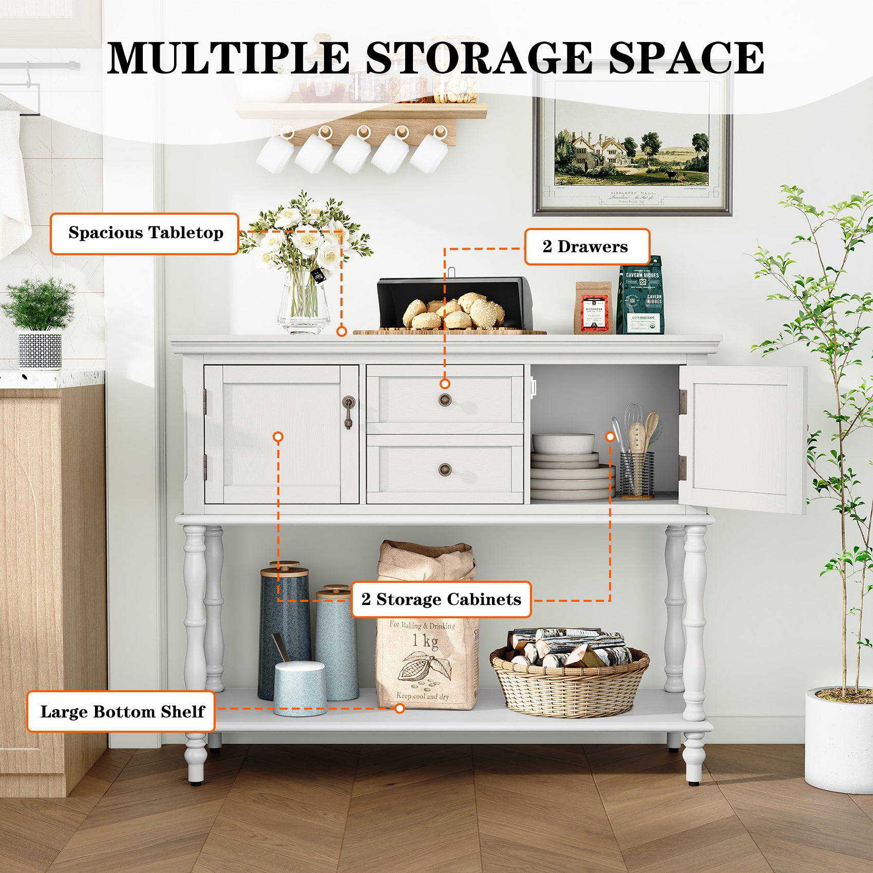 CBJCBJ 42" Farmhouse Console Table , 2 Drawer Narrow Long Entryway Table with Open Storage Shelf , for Living Room, White