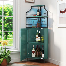 HLR Corner Coffee Bar Cabinet with LED Strip, 4-Tiers Modern Tall Liquor Cabinet with Wine Rack for Dining Room