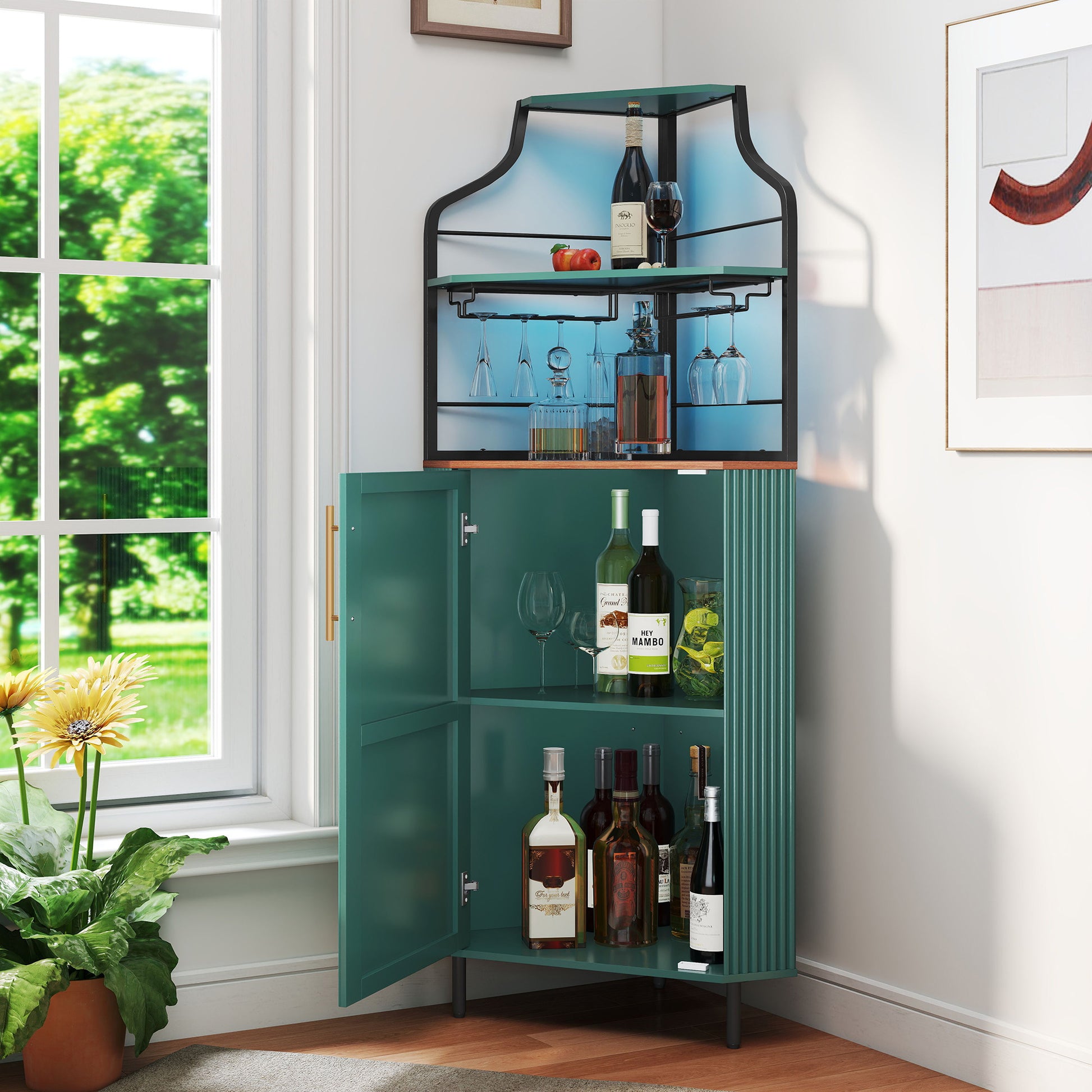 HLR Corner Coffee Bar Cabinet with LED Strip, 4-Tiers Modern Tall Liquor Cabinet with Wine Rack for Dining Room