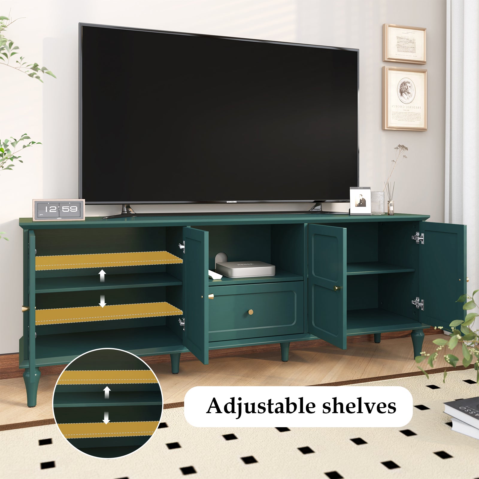 HLR Mid Century 67" TV Stand, for TVs up to 75", Living Room Entertainment Center with 4 Door Storage Cabinet, Green