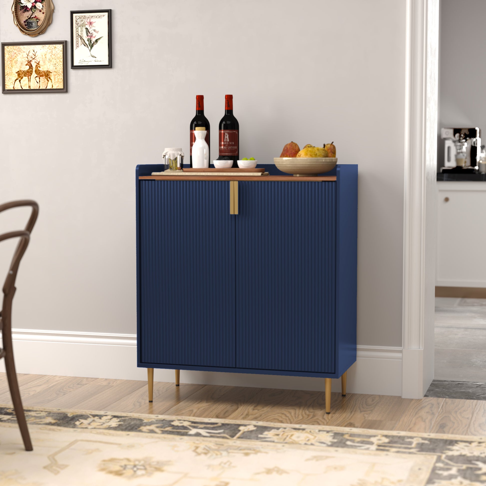 HLR 32"W Wine Bar Cabinet with 2 Door Fluted Texture, Modern Coffee Cabinet with Rack&Glass Holder, Blue