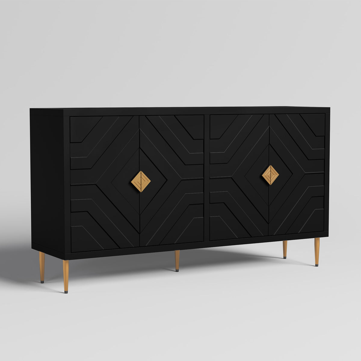 HLR 58" Modern Accent Sideboard Cabinet, 4 Doors, Adjustable Shelves, Fluted Storage Cabinet, Black