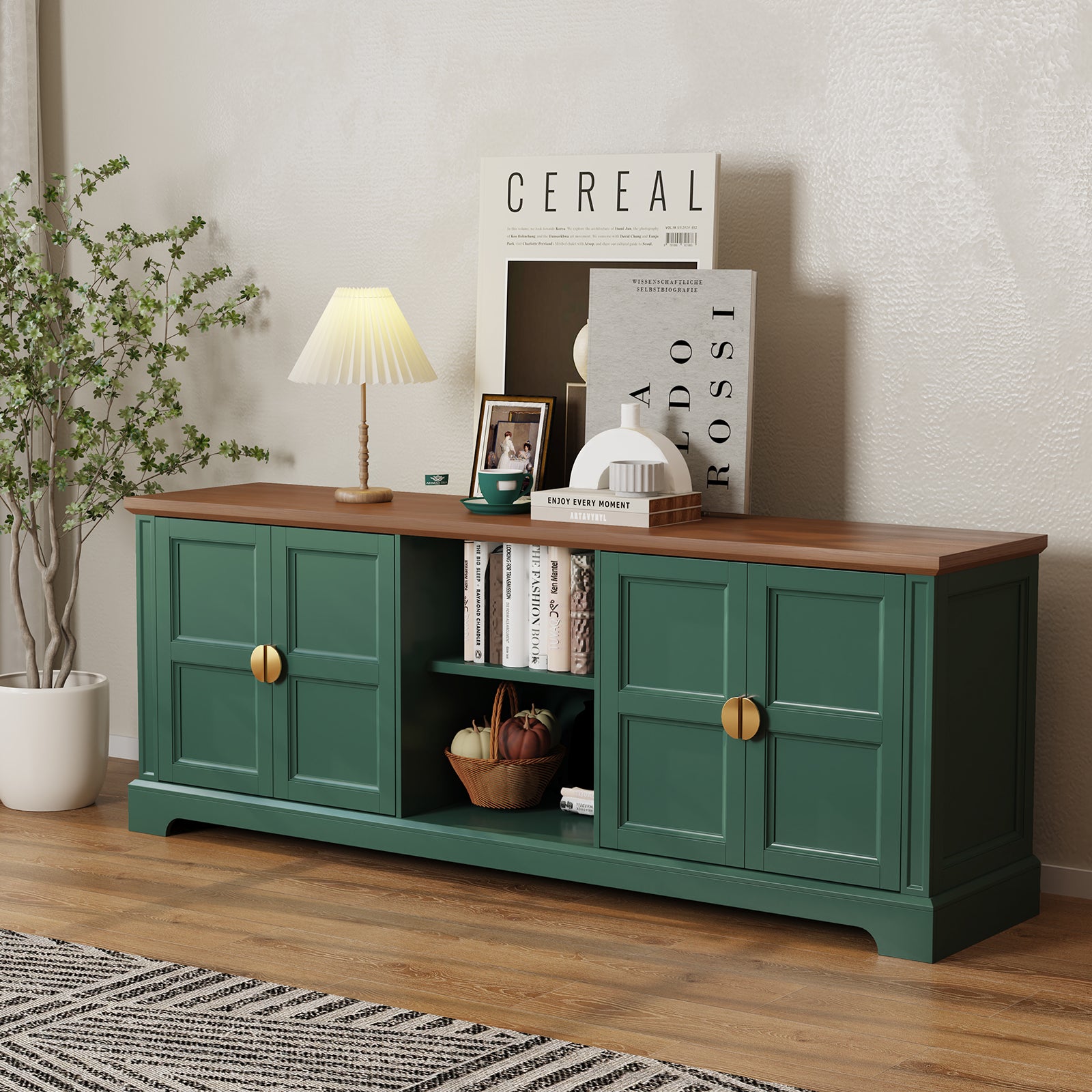 HLR Green 67" Modern Farmhouse TV Stand, Wood Entertainment Center for 75 In TV for Living Room