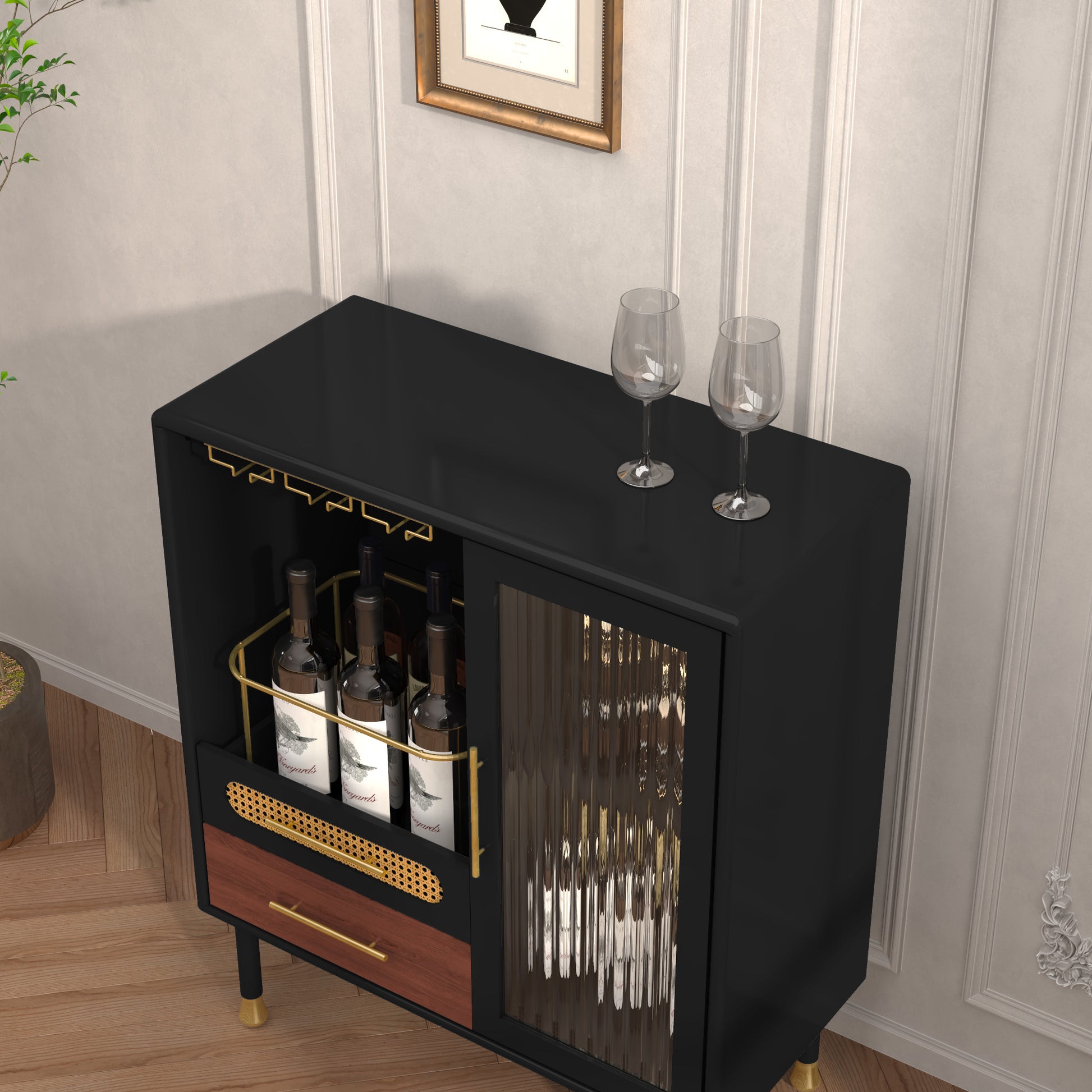HLR 31.5"W Modern Wine Storage Cabinet with Pull-Out Rack & Tempered Glass Doors – Compact Coffee Bar for Kitchen, Dining Room, Apartmen, Black