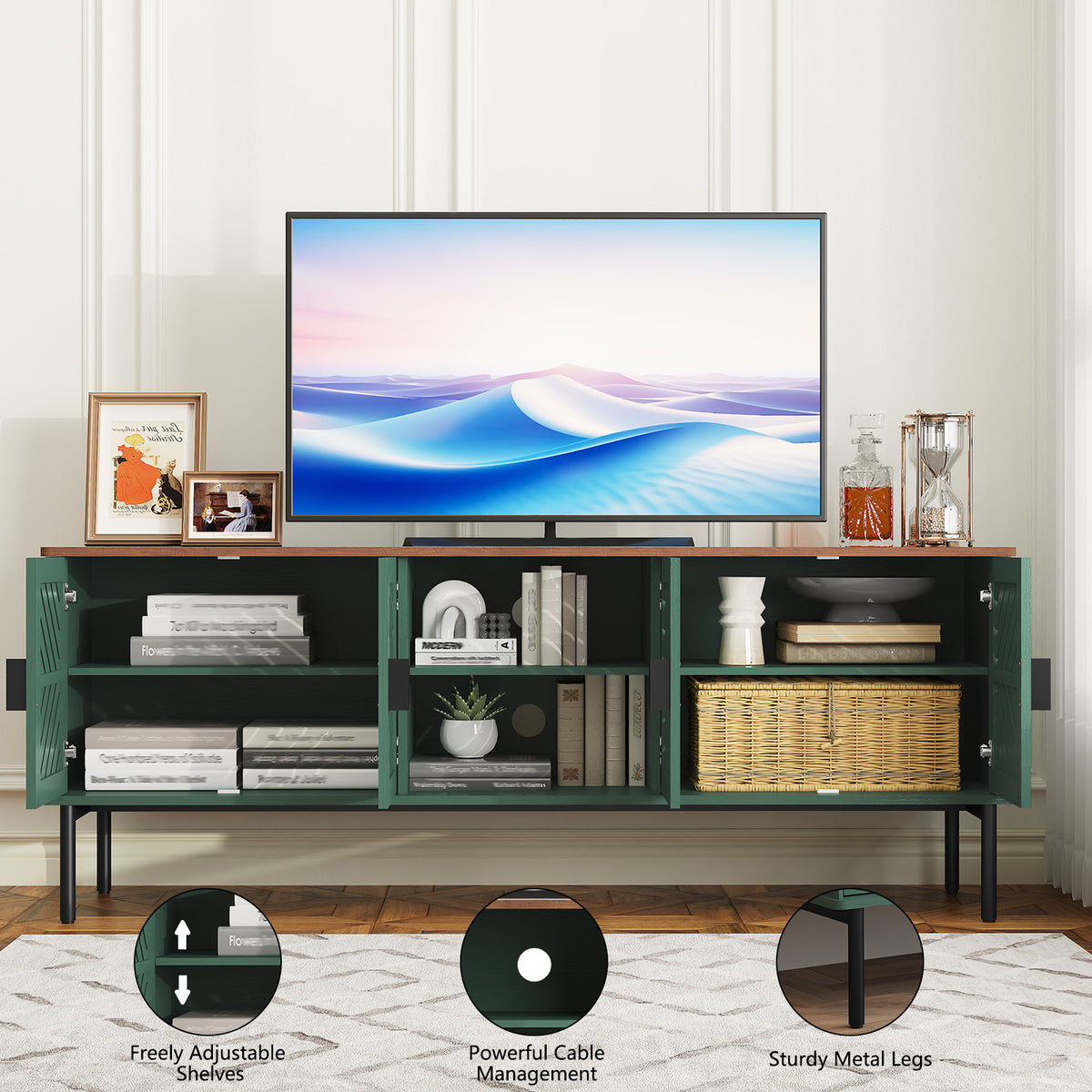 CBJCBJ Modern Mid Century 63" TV Stand for 70" TV with Storage, Entertainment Center for Living Room,Green