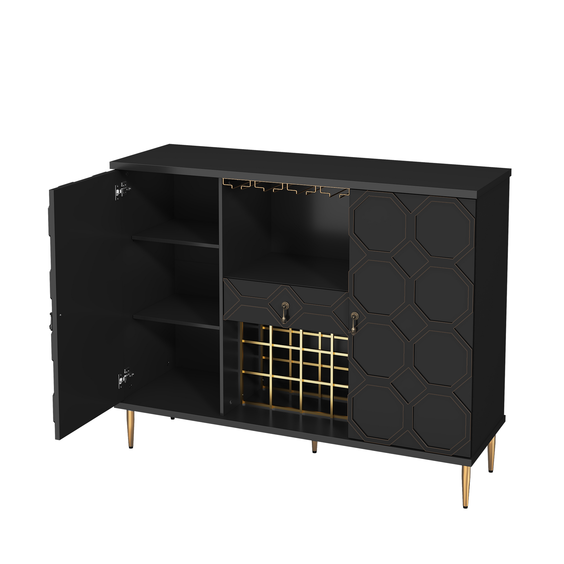 HLR Modern 47.2" Wine Bar Cabinet with Drawer, Geometric Door Buffet Sideboard Coffee Bar for Kitchen