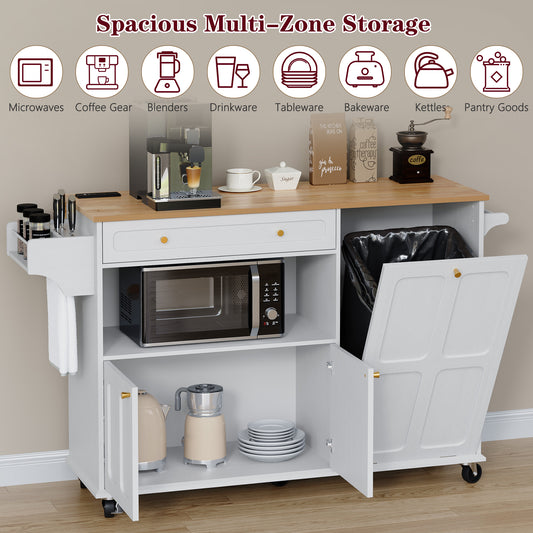 CBJCBJ Folding Rubber wood Kitchen Island, Kitchen Cart with Hidden Trash Can, Knife Rack & Spice Rack,White