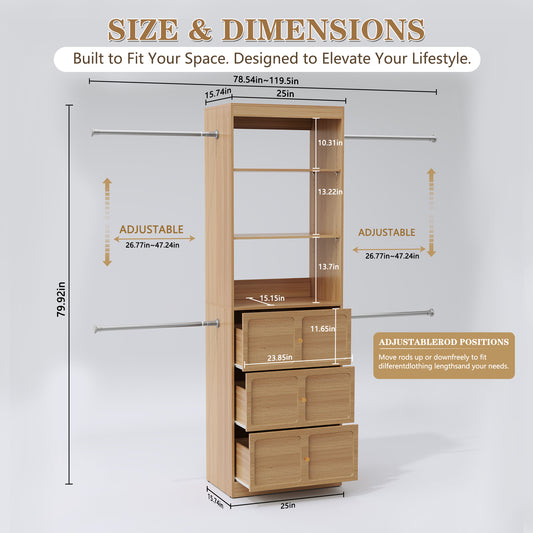 CBJCBJ 80"H Wood Closet Organizer System with 3 Drawers, 4 Hanging Rods, Wardrobe Clothes Rack for Bedroom,Wood