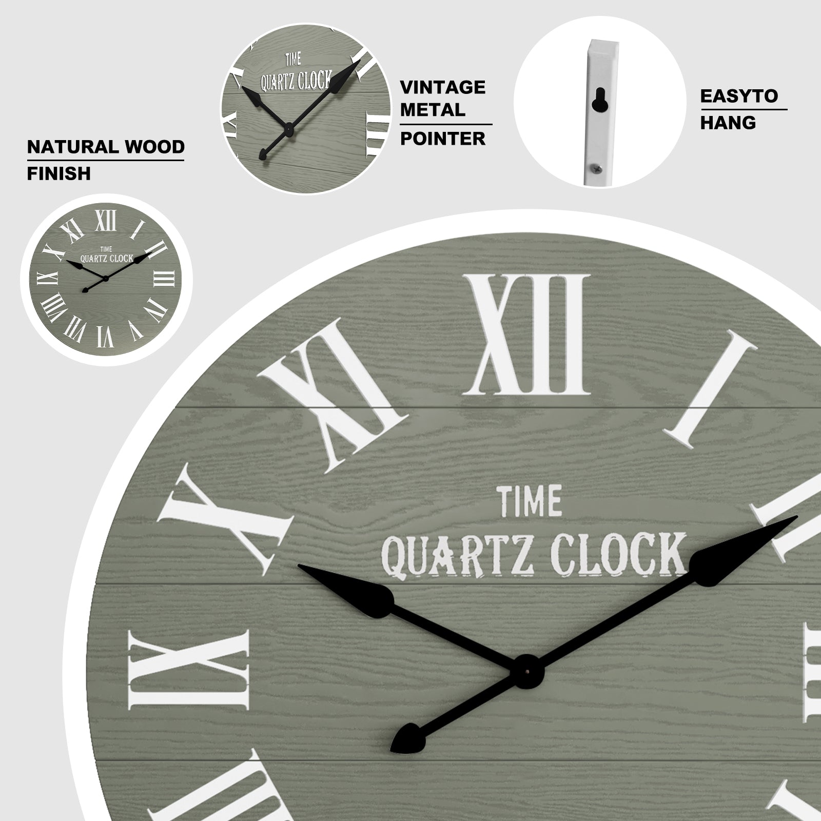 CBJCBJ 35.5” Farmhouse Large Shiplap Round Wall Clock with Roman Numeral for Living Room Decor,Green