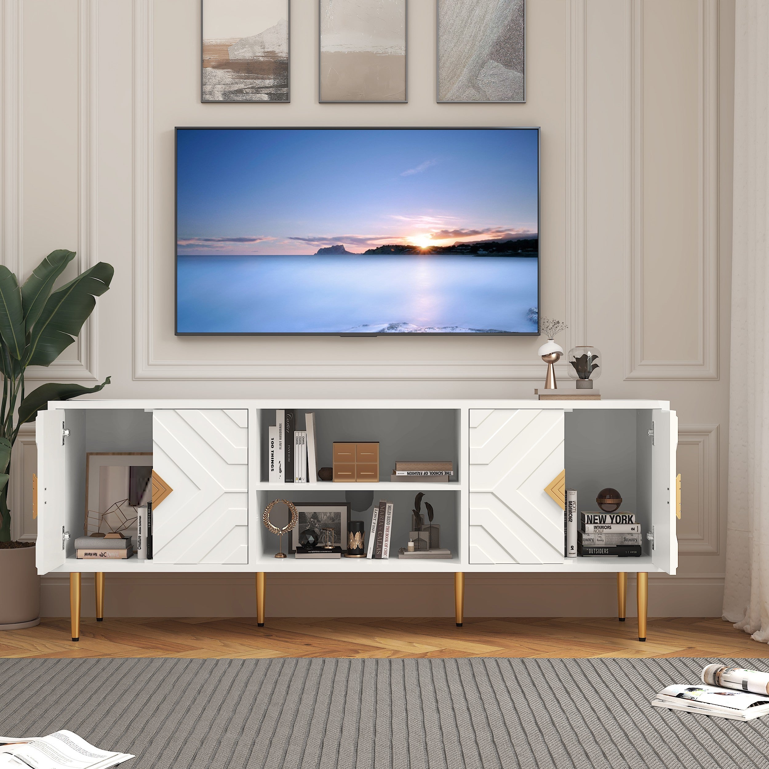 CBJCBJ 63" Modern TV Stand for 65" TVs - Geometric Carved Design, 3-Section Storage (Adjustable Middle) & Gold Handles, White