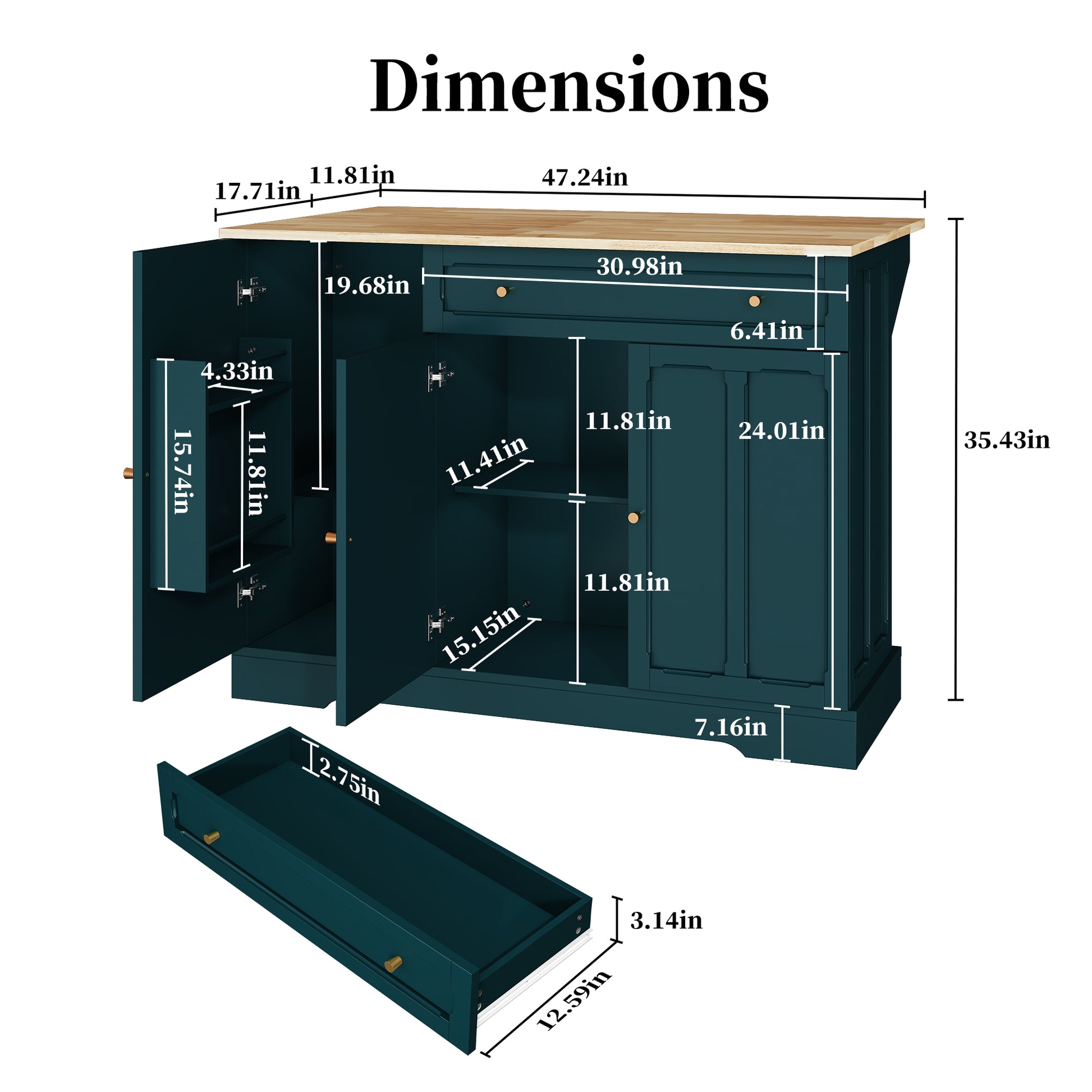 CBJCBJ 47.2" Modern Rolling Kitchen Island with Drop Leaf, Kitchen Cart with Storage, Green