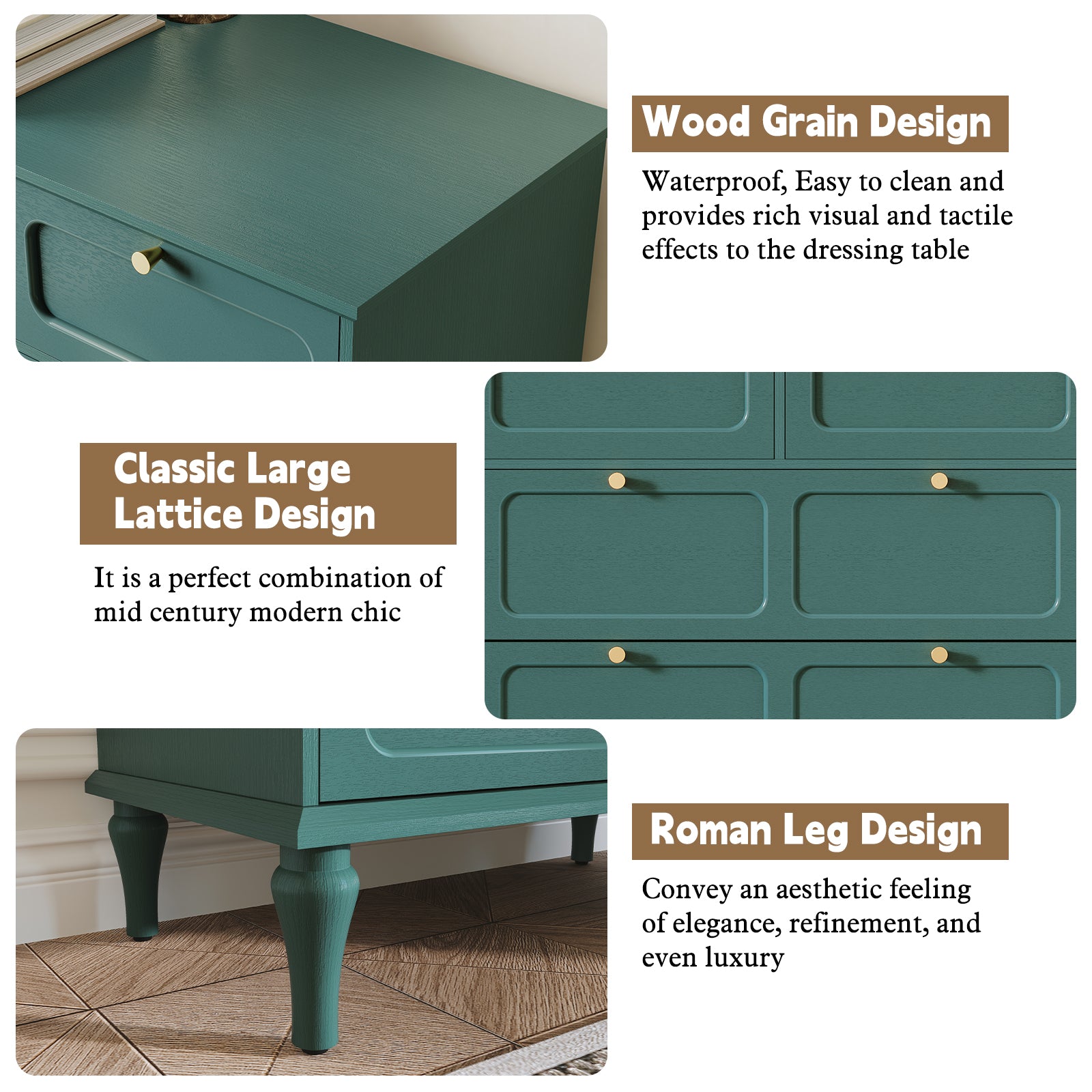 CBJCBJ 31.5" 5 Drawers Dressers, Large Floor Mid-Century Chest of Drawers for Bedroom, Hallway, Green