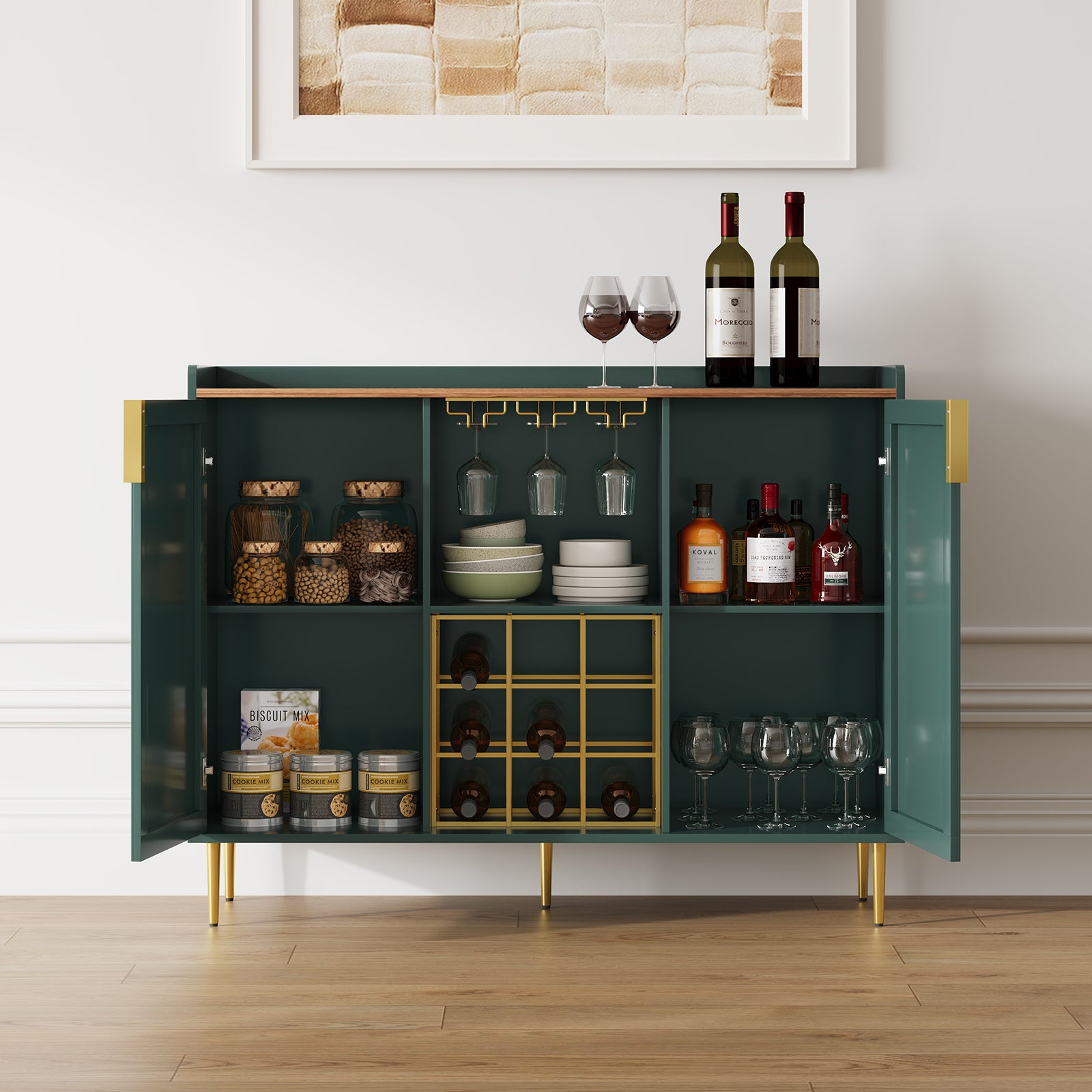 CBJCBJ 47" Modern Storage Wine Bar Cabinet with Cup Holder and Wine Rack for Dining,Green