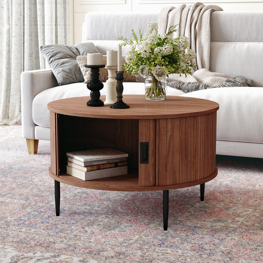 CBJCBJ 31" Modern Round Coffee Table with Sliding Door Storage, Center Table for Living Room