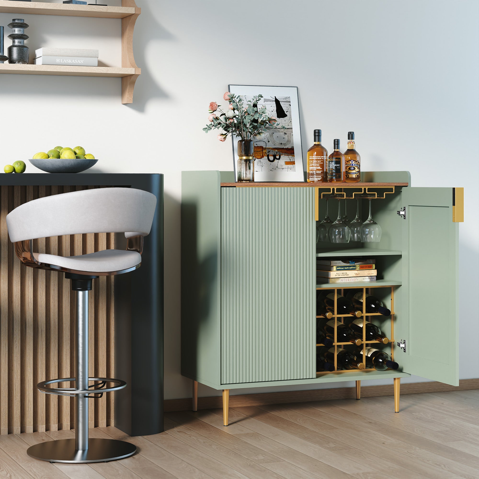 HLR 32"W Wine Bar Cabinet with 2 Door Fluted Texture, Modern Coffee Cabinet with Rack&Glass Holder,Sage Green