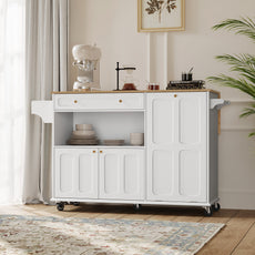 HLR Mid-Century 60" Kitchen Island with Trash Can Storage, Rolling Island Table, White