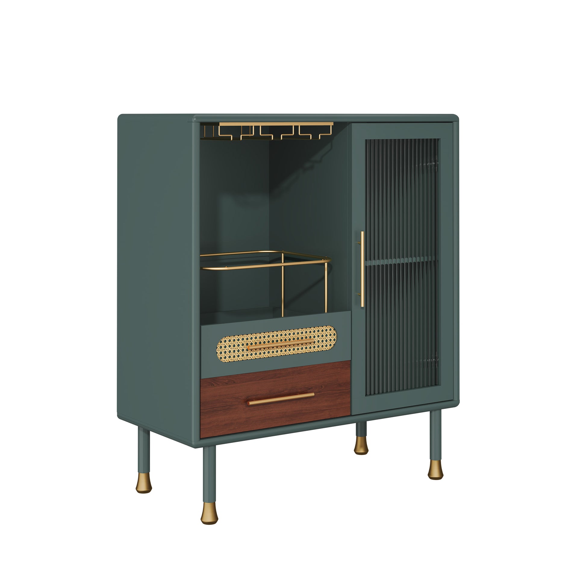 HLR 31.5"W Modern Wine Storage Cabinet with Pull-Out Rack & Tempered Glass Doors – Compact Coffee Bar for Kitchen, Dining Room, Apartment,Green