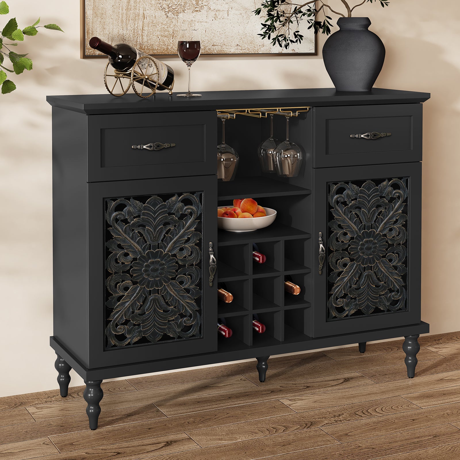 HLR 47.2" Wine Bar Cabinet, Retro Sideboard Buffet Coffee Bar with Storage for Living Room, Black