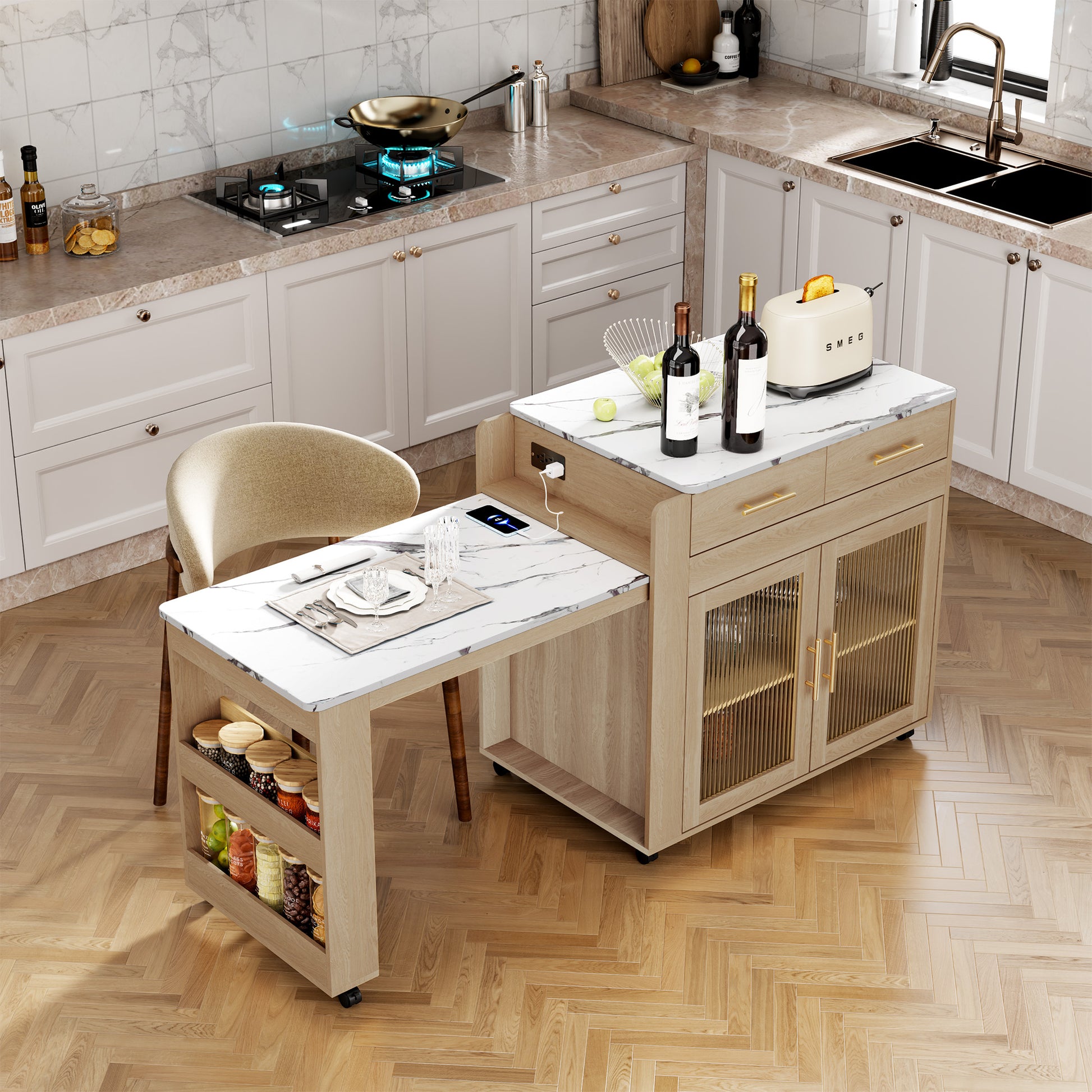 CBJCBJ Kitchen Island with Storage | Expandable Retractable on Wheels 71.65" L | Space-Saving of Island Cart, Beige