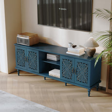 HLR Retro 67" TV Stand, for TVs up to 75", Living Room Entertainment Center with Carved Storage Cabinet, Blue