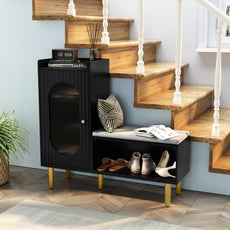 CBJCBJ Modern Storage Bench with Glass Door & Shelf - L-Shaped Entryway Cabinet, Padded Seat for Hallway/Bedroom/Office, Black