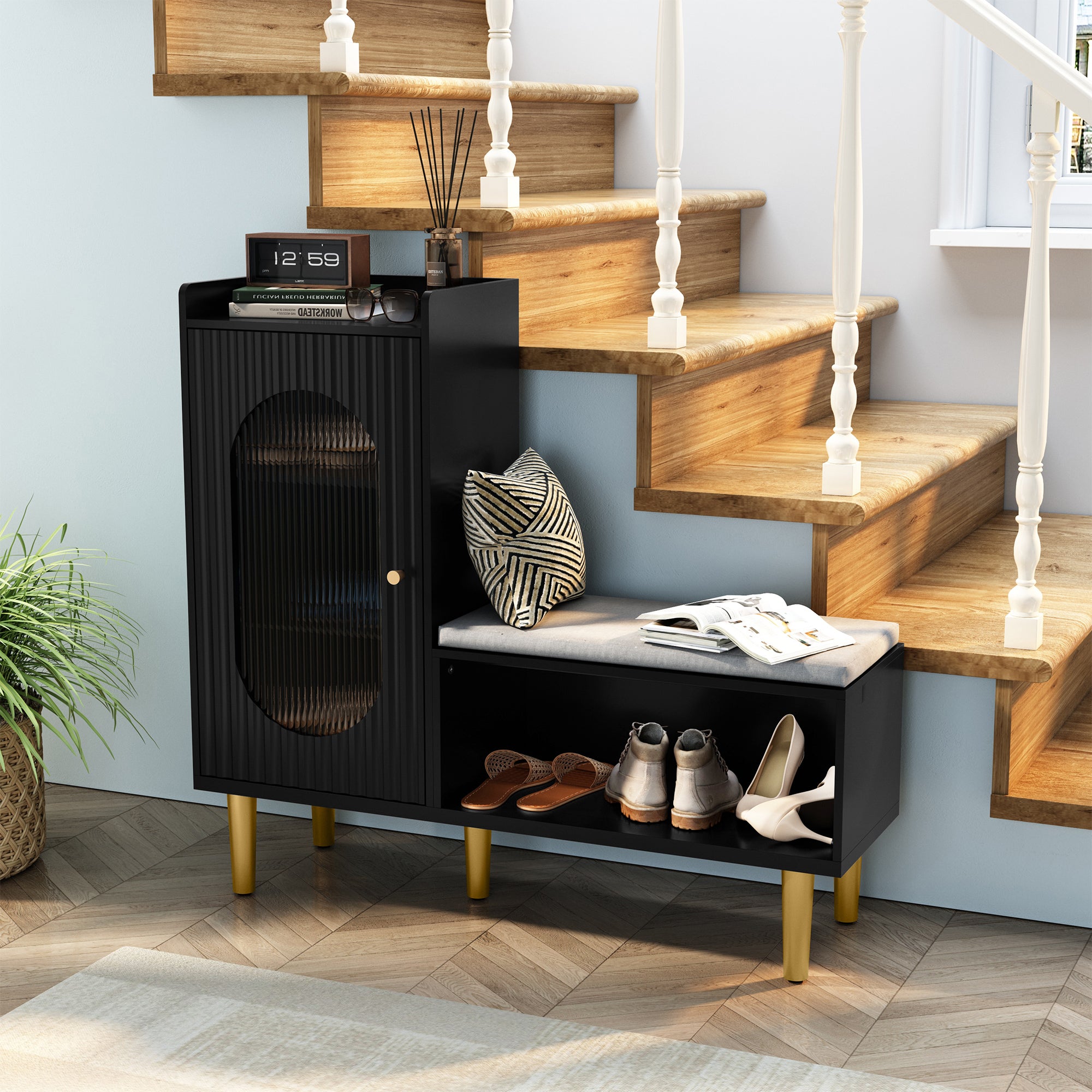 CBJCBJ Modern Storage Bench with Glass Door & Shelf - L-Shaped Entryway Cabinet, Padded Seat for Hallway/Bedroom/Office, Black