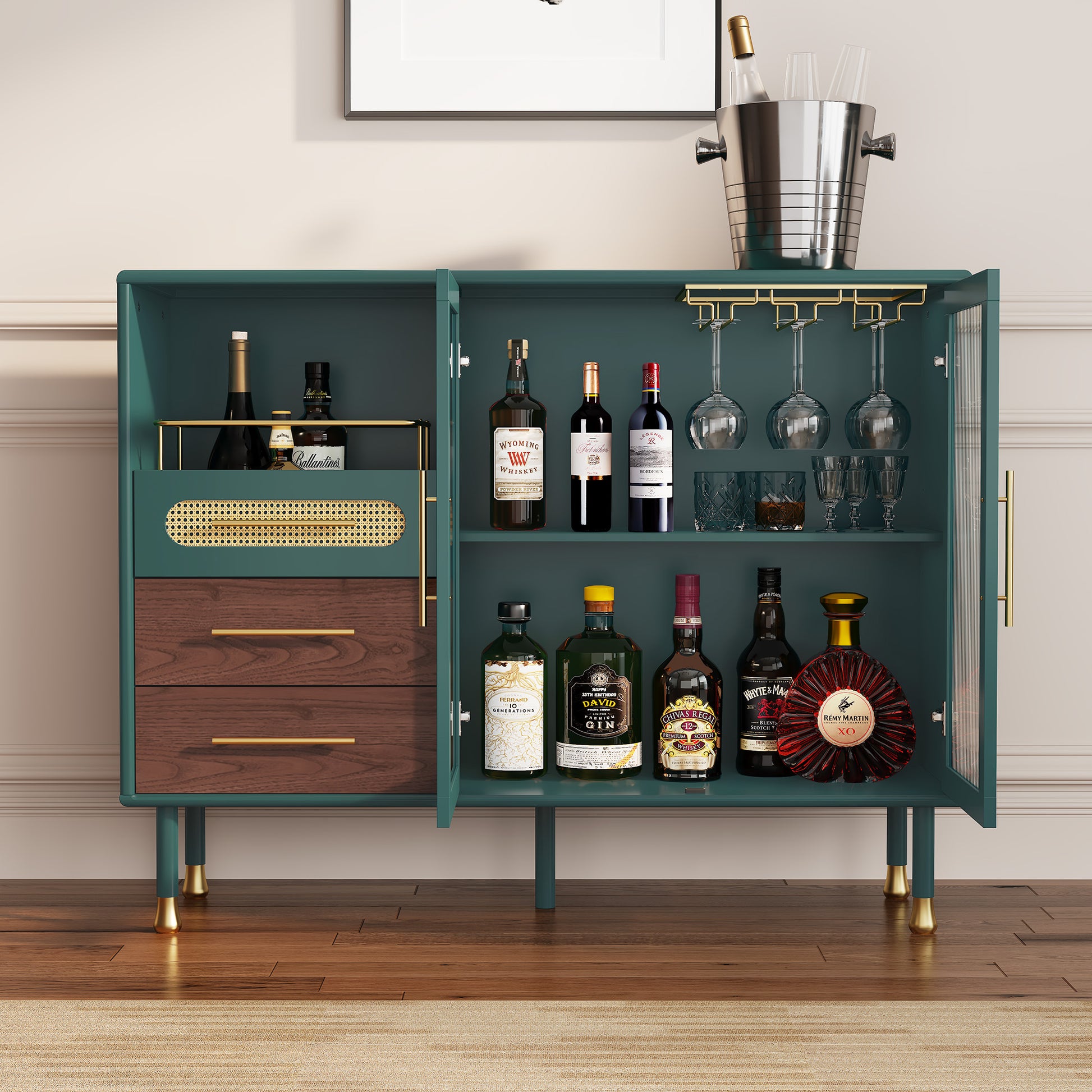 CBJCBJ 47” Coffee Bar Cabinet with Glass Rack, Modern Wine Bar Cabinet with Storage, for Dining Room, Green