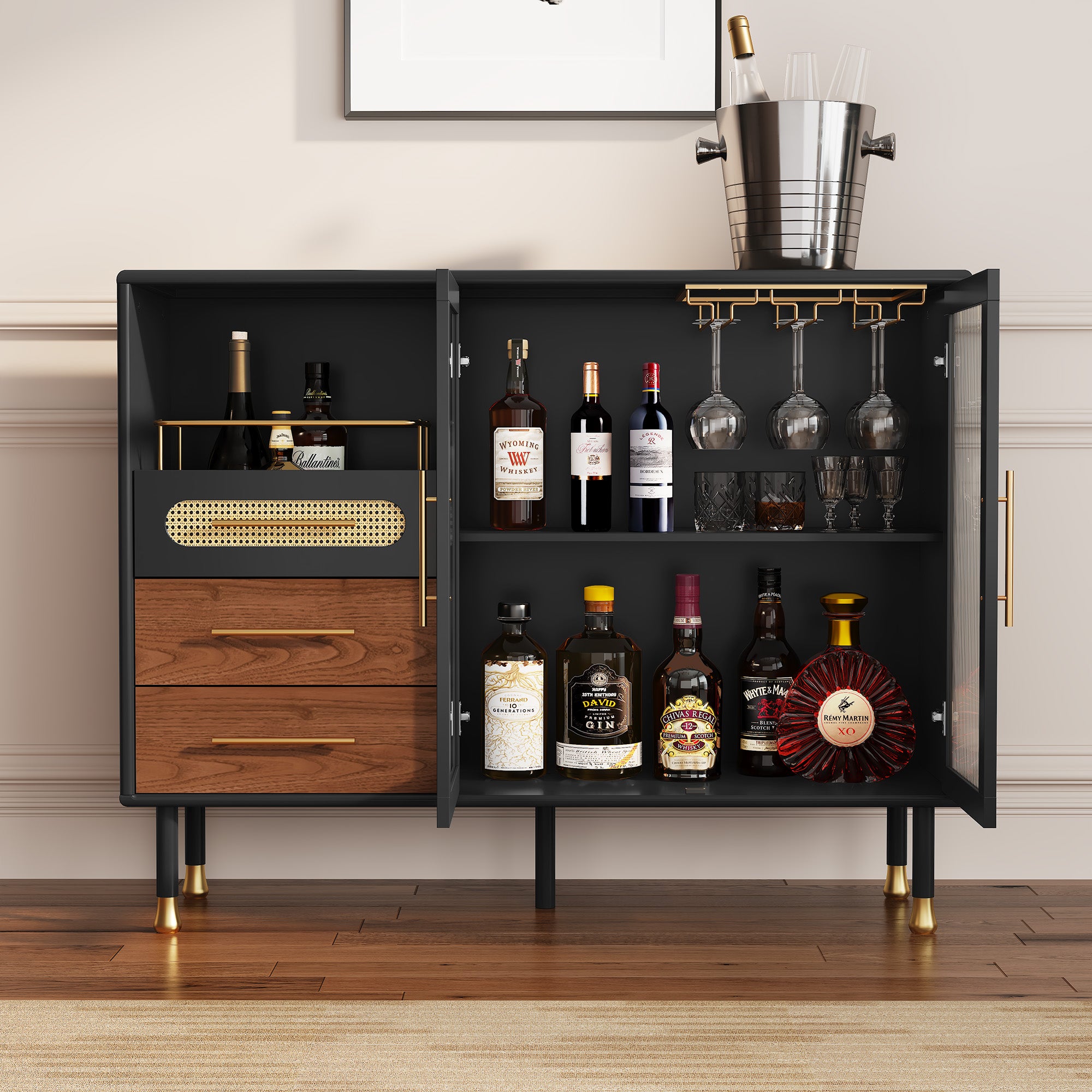 CBJCBJ 47” Coffee Bar Cabinet with Glass Rack, Modern Wine Bar Cabinet with Storage, for Dining Room, Black