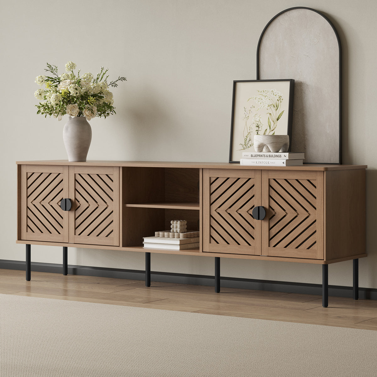 HLR Mid Century Modern 70" Large TV Stand for 80 Inch TV, Entertainment Center with Storage, Walnut