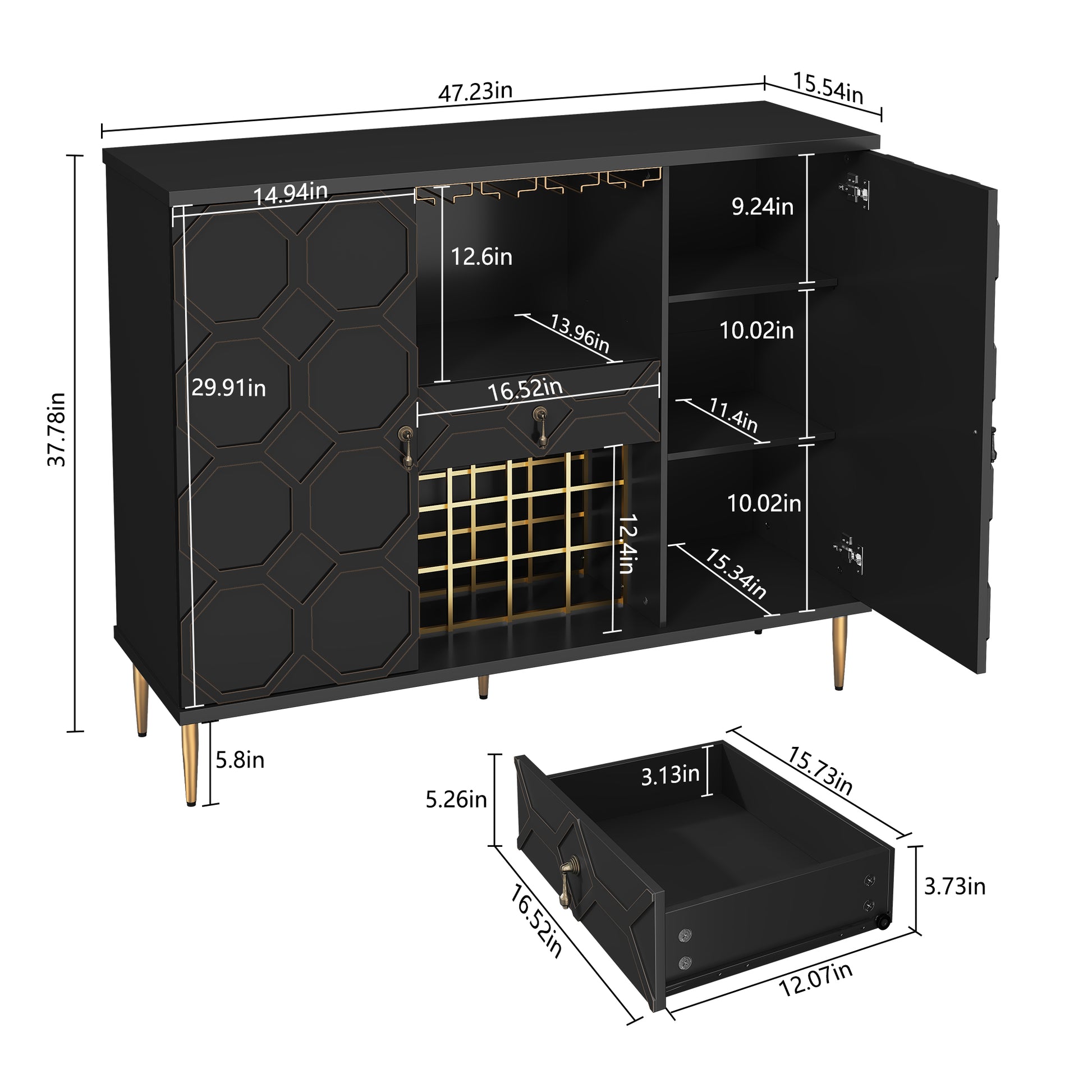 HLR Modern 47.2" Wine Bar Cabinet with Drawer, Geometric Door Buffet Sideboard Coffee Bar for Kitchen