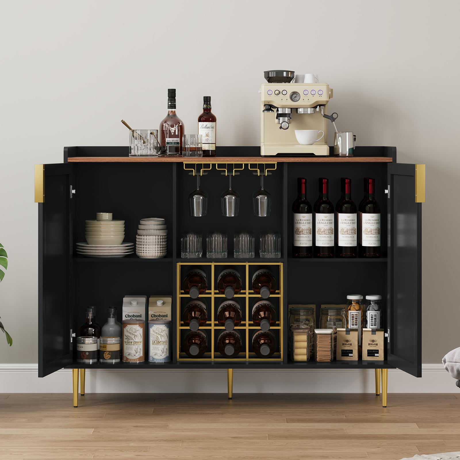 CBJCBJ 47" Modern Storage Wine Bar Cabinet with Cup Holder and Wine Rack for Dining