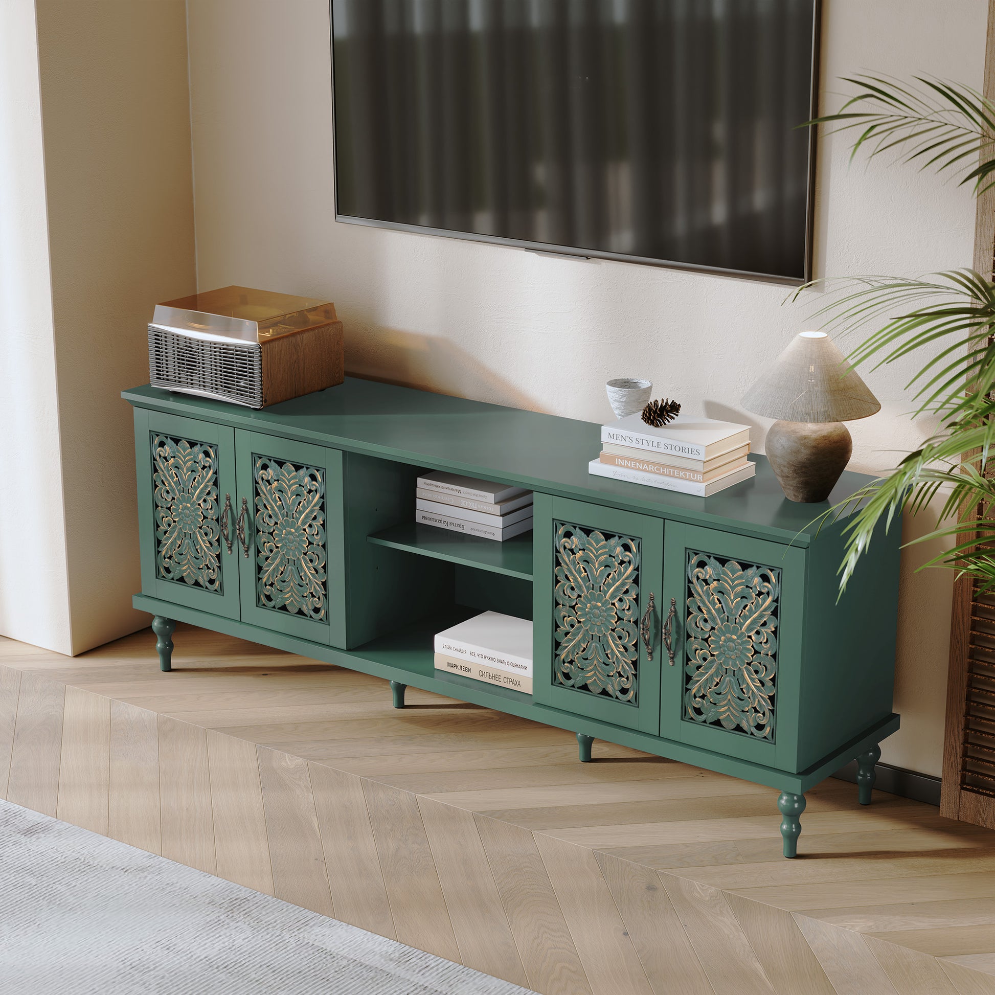 HLR Retro 67" TV Stand, for TVs up to 75", Living Room Entertainment Center with Carved Storage Cabinet, Green