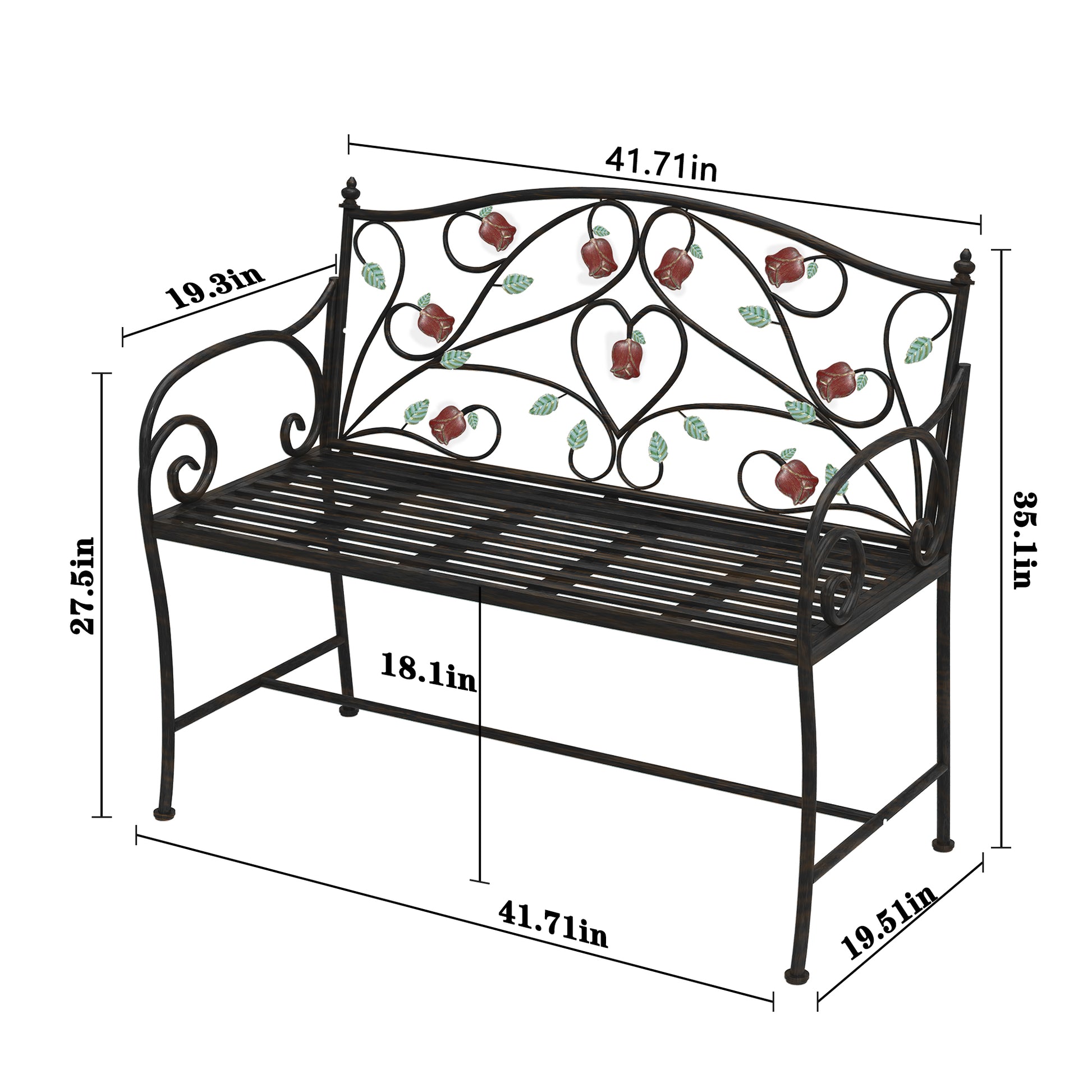 HLR Farmhouse Outdoor Bench with Rose Pattern, 41.7'' Metal Frame Patio Garden Chair Cast Iron, Black