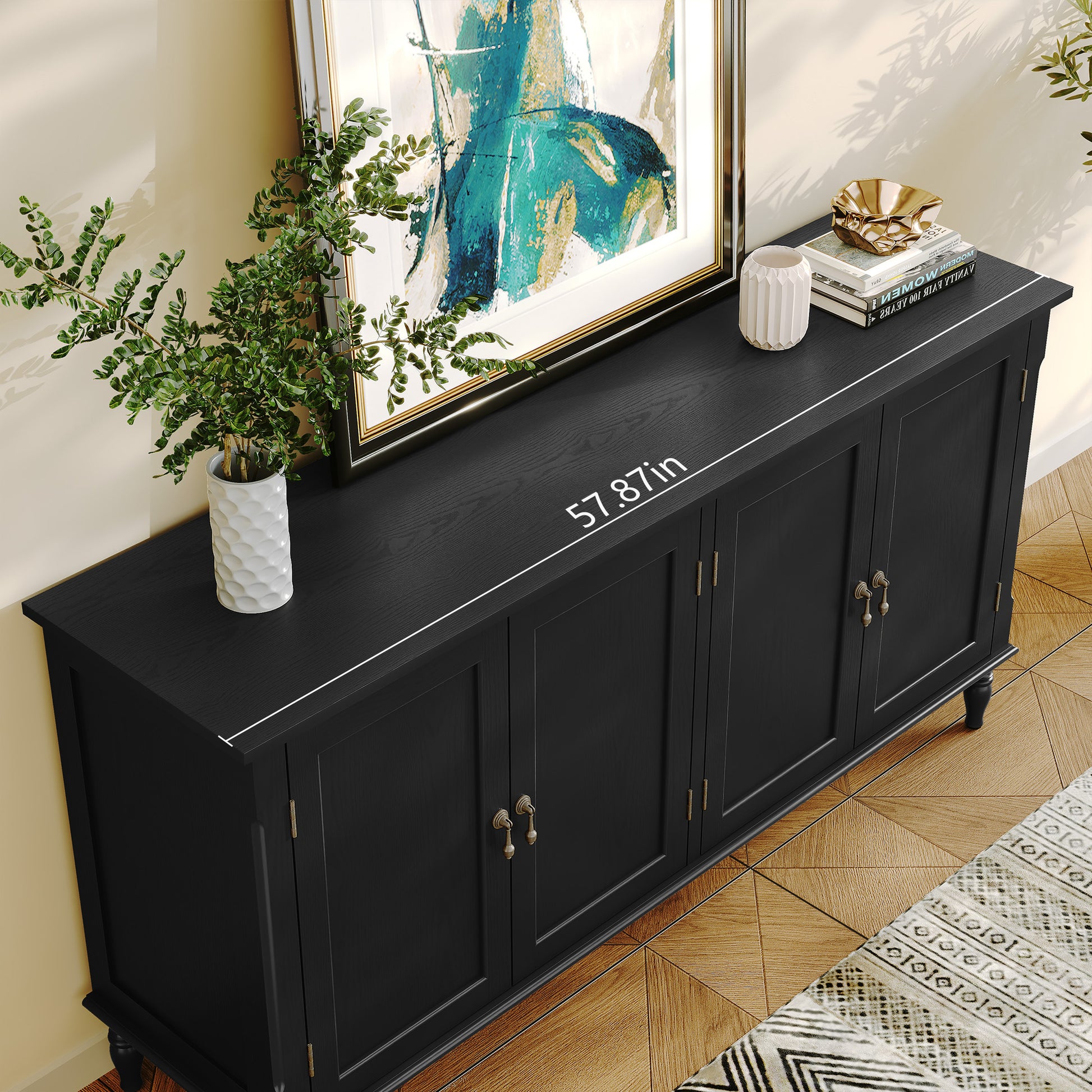 HLR 58'' Large Sideboard Buffet Cabinet with Storage, 4 Doors Modern Credenza Table for Living Room, Black