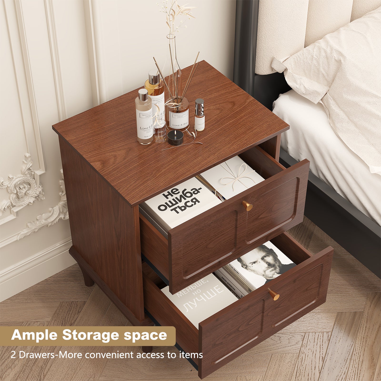 CBJCBJ 21" Mid-Century Nightstands Set of Two, Featuring Two Storage Drawers with Metal Handles, Brown