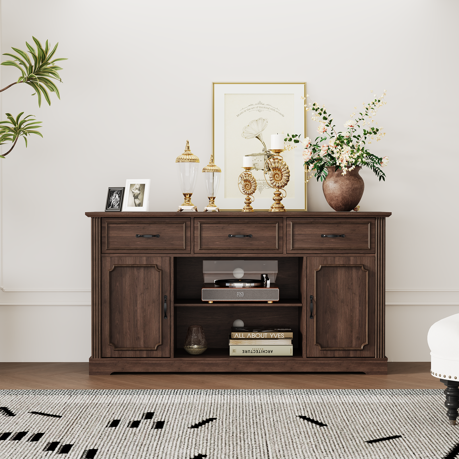 HLR Mid Century 60" TV Stand for TV up to 65", Entertainment Center with Drawers Storage for Living Room, Brown