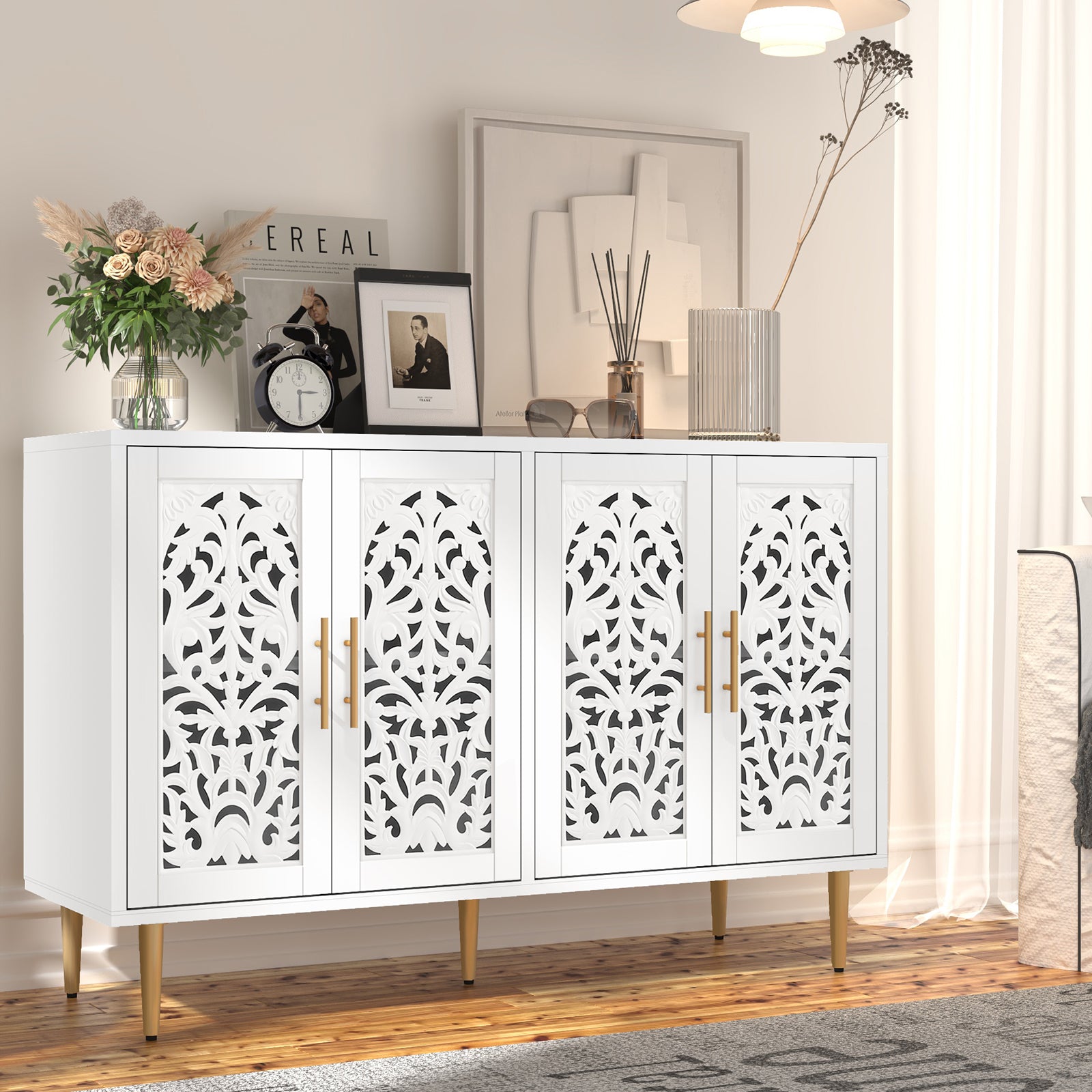 CBJCBJ 48″ Retro Storage Cabinet with 4 Doors, Hollow Carved Buffet Hutch for Living Room, Kitchen, Dining & Entryway, Vintage Decorative Organizer (WHITE)
