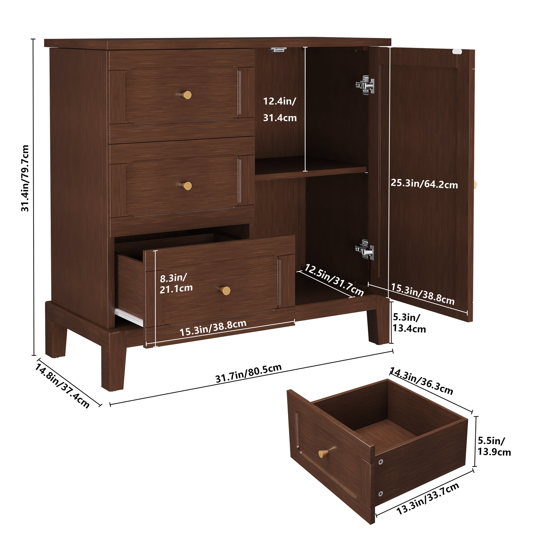 CBJCBJ 31.7"Storage Cabinet, Classical 3 Drawers & 1 Door Design with Gold-Tone Handles, Multi-Use Organizer for Living Room, Kitchen, Bathroom