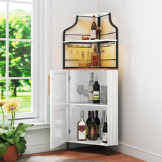 HLR Corner Coffee Bar Cabinet with LED Strip, 4-Tiers Modern Tall Liquor Cabinet with Wine Rack for Dining Room, White