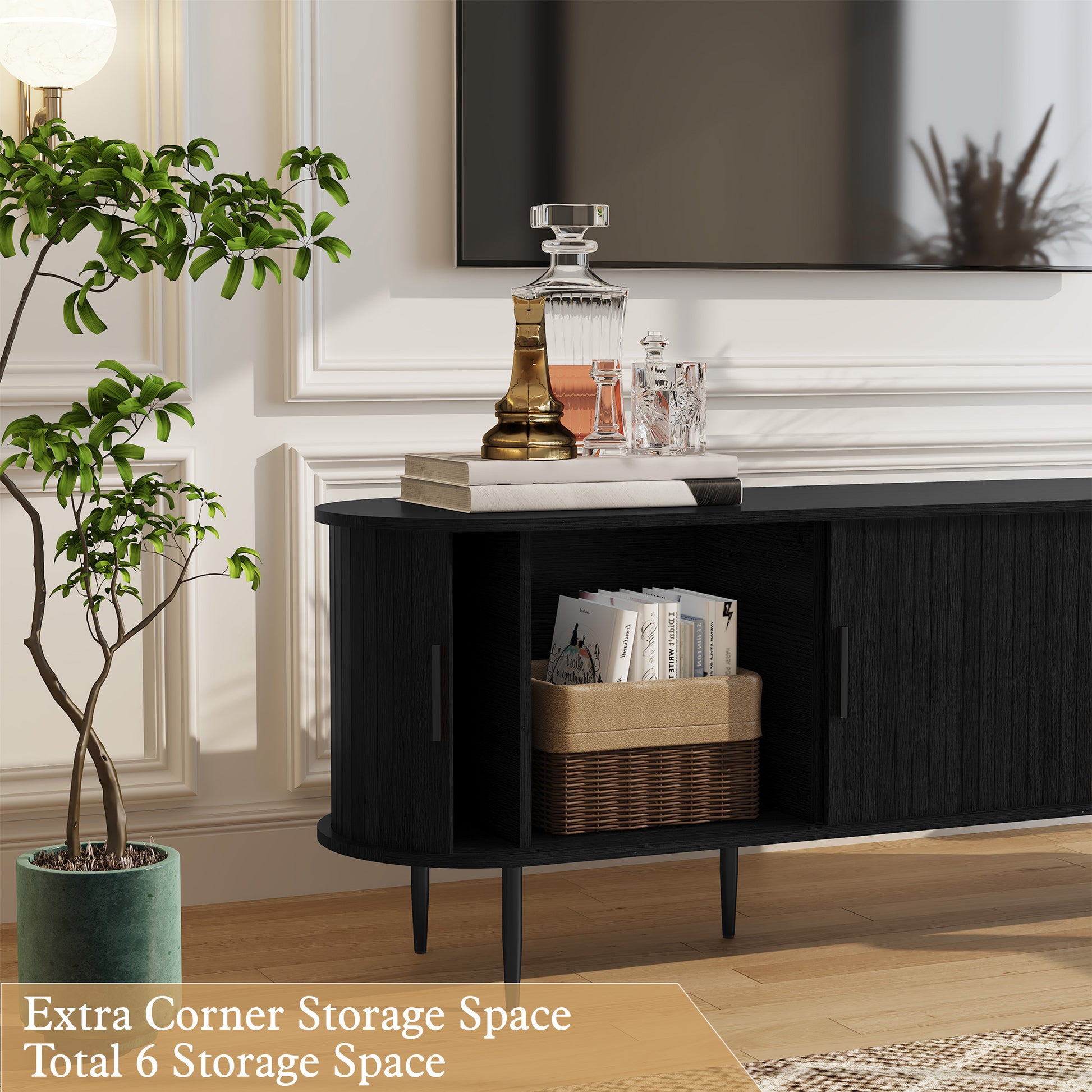 CBJCBJ 70" Modern Tambour Door TV Stand up to 80" TVs, Entertainment Center with Storage, Fluted Television Consoles for Living Room（Black）