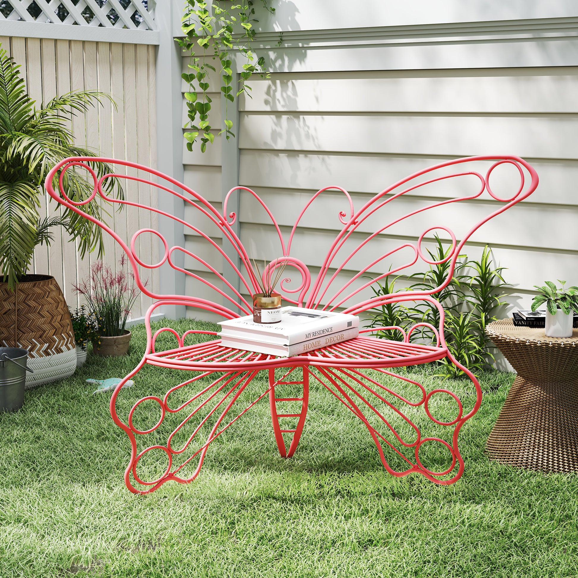 CBJCBJ 50" Weatherproof Outdoor Patio Bench，Metal Butterfly Design for Garden and Lawn Porch， Pink