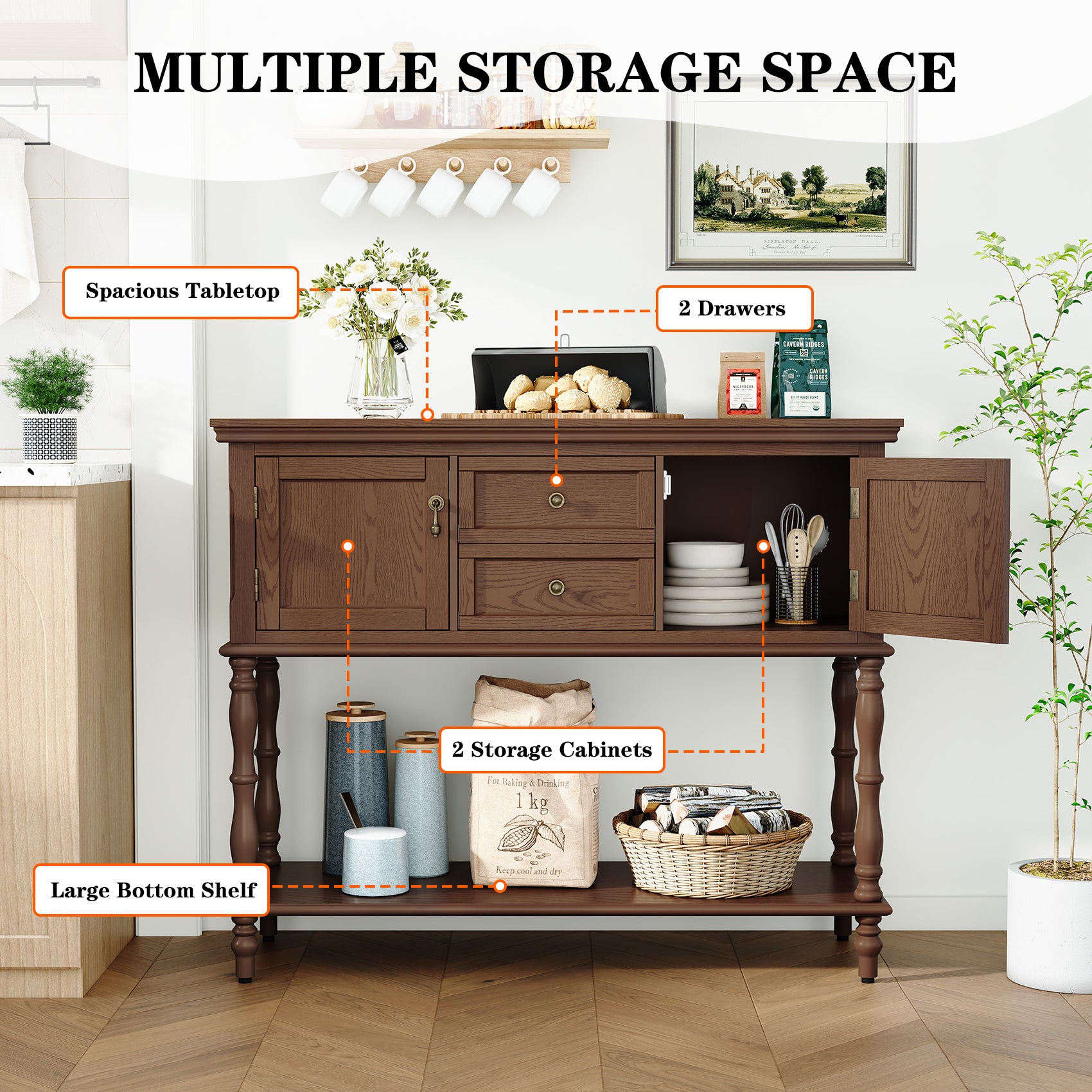 CBJCBJ 42'' Farmhouse Console Table , 2 Drawer Narrow Long Entryway Table with Open Storage Shelf , for Living Room,Brown