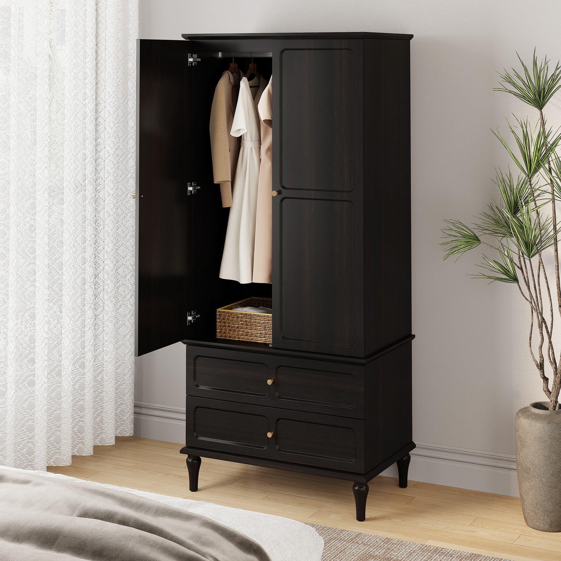 HLR 71" Tall Modern Wood Armoire Wardrobe Closet, Freestanding Cabinet with Hanging Rod for Bedroom, Black