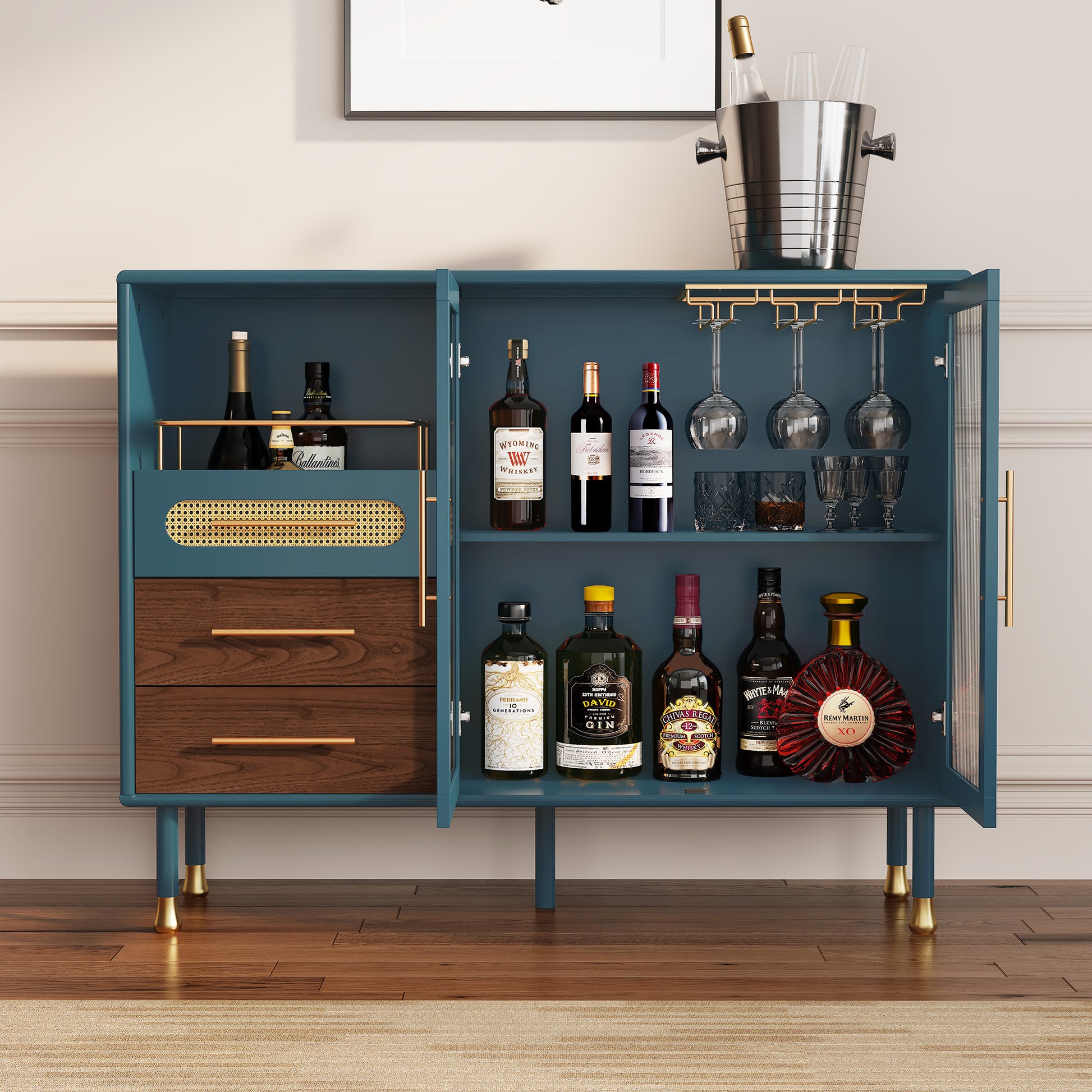 CBJCBJ 47” Coffee Bar Cabinet with Glass Rack, Modern Wine Bar Cabinet with Storage, for Dining Room, Blue