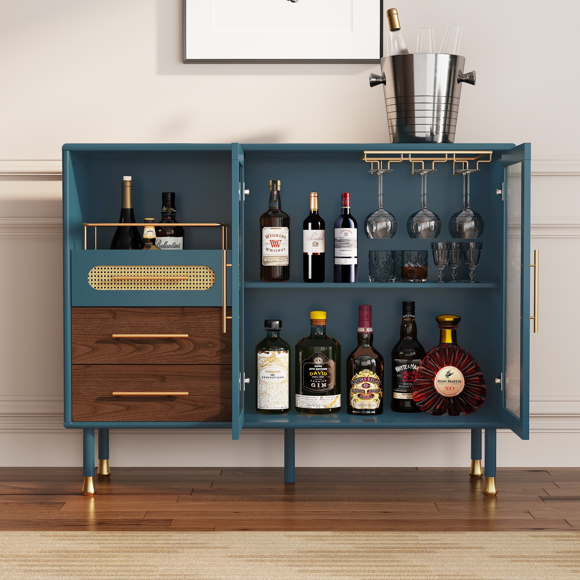 CBJCBJ 47” Coffee Bar Cabinet with Glass Rack, Modern Wine Bar Cabinet with Storage, for Dining Room, Blue