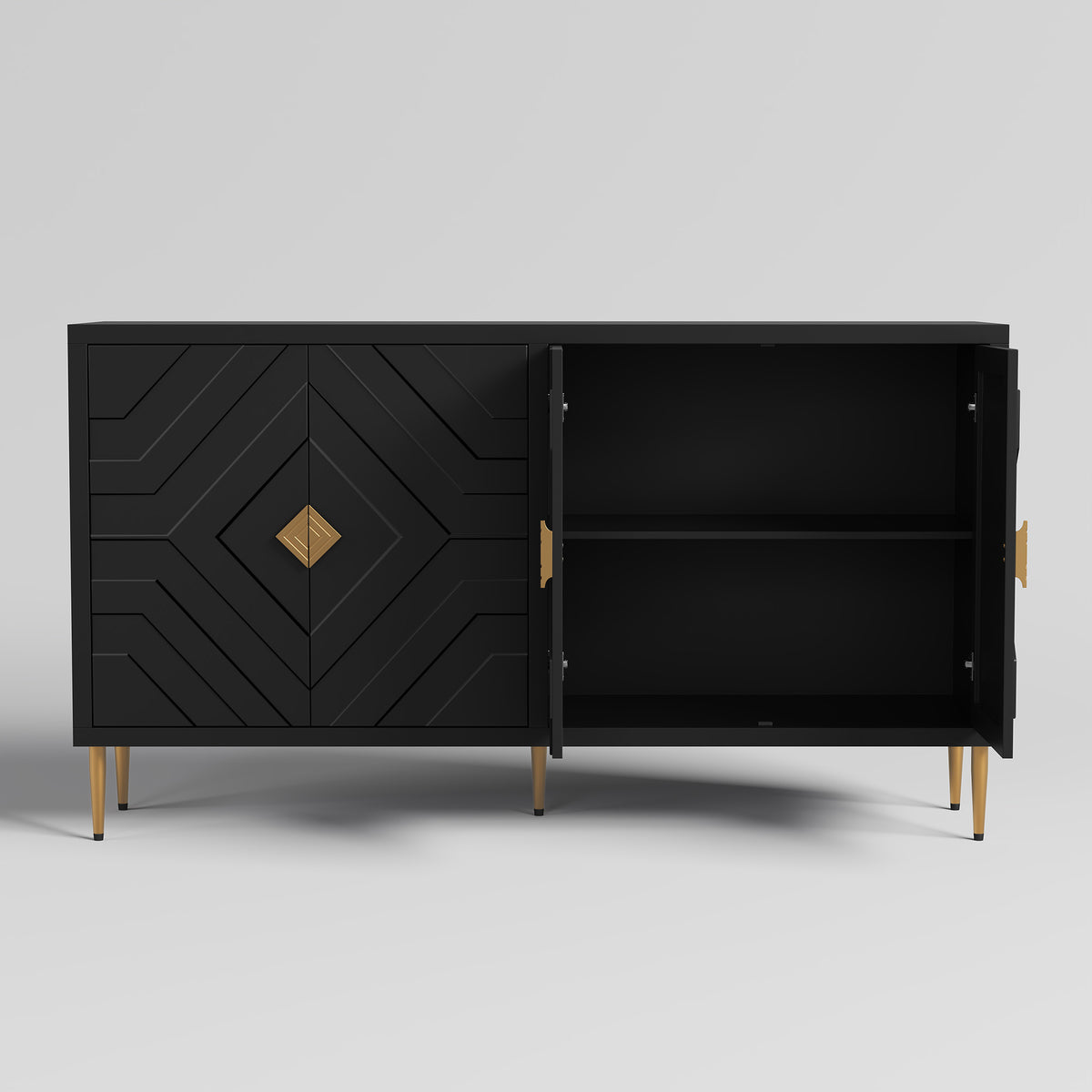 HLR 58" Modern Accent Sideboard Cabinet, 4 Doors, Adjustable Shelves, Fluted Storage Cabinet, Black