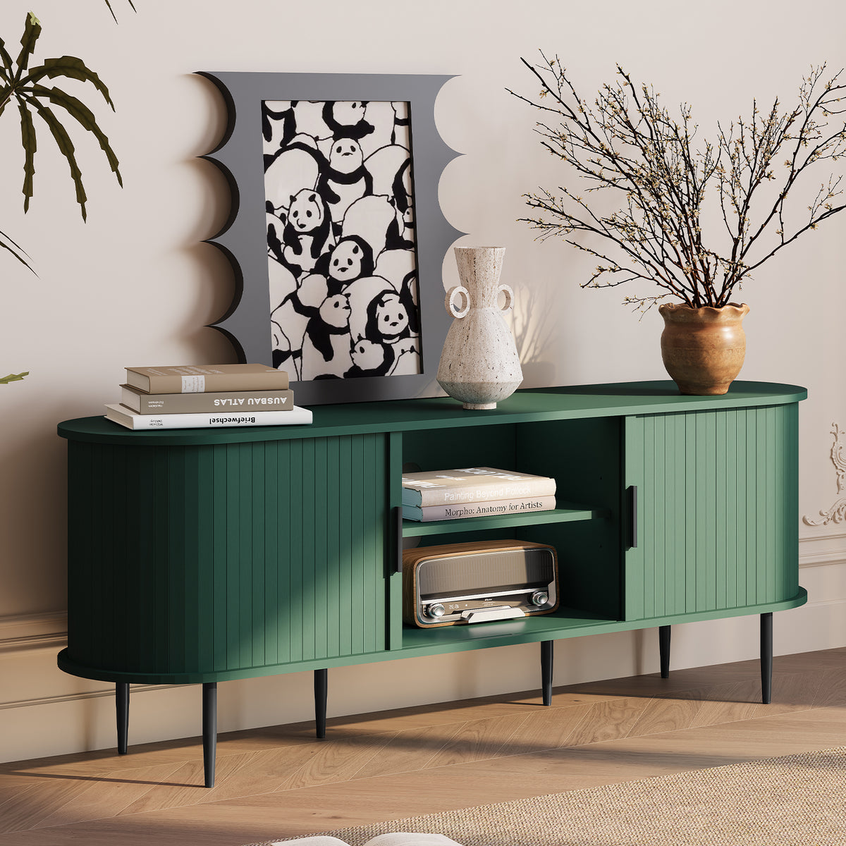HLR 55" Green TV Stand for 65" TV, Wood Entertainment Center with 2 Sliding Tambour Doors Storage, Mid-Century