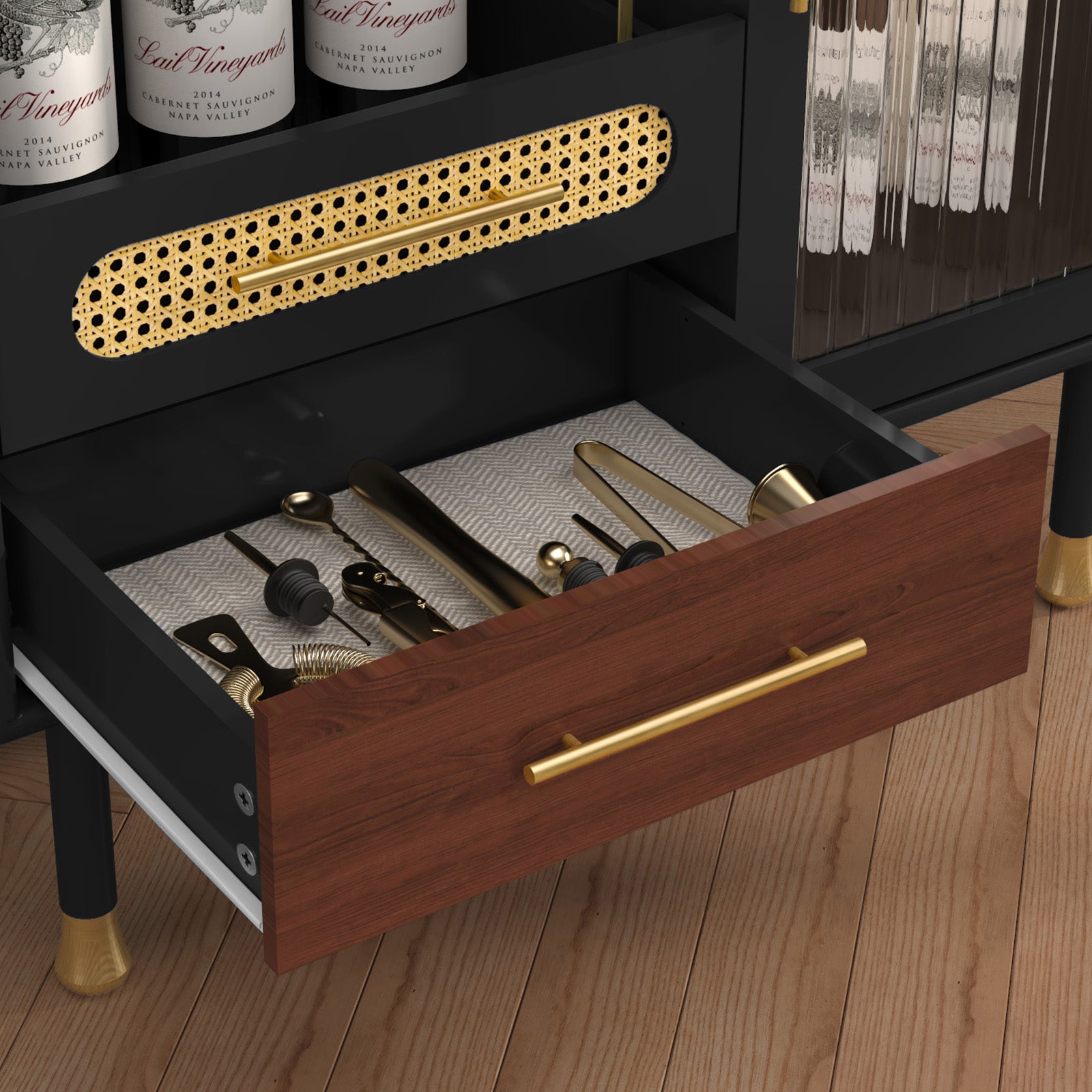 HLR 31.5"W Modern Wine Storage Cabinet with Pull-Out Rack & Tempered Glass Doors – Compact Coffee Bar for Kitchen, Dining Room, Apartmen, Black